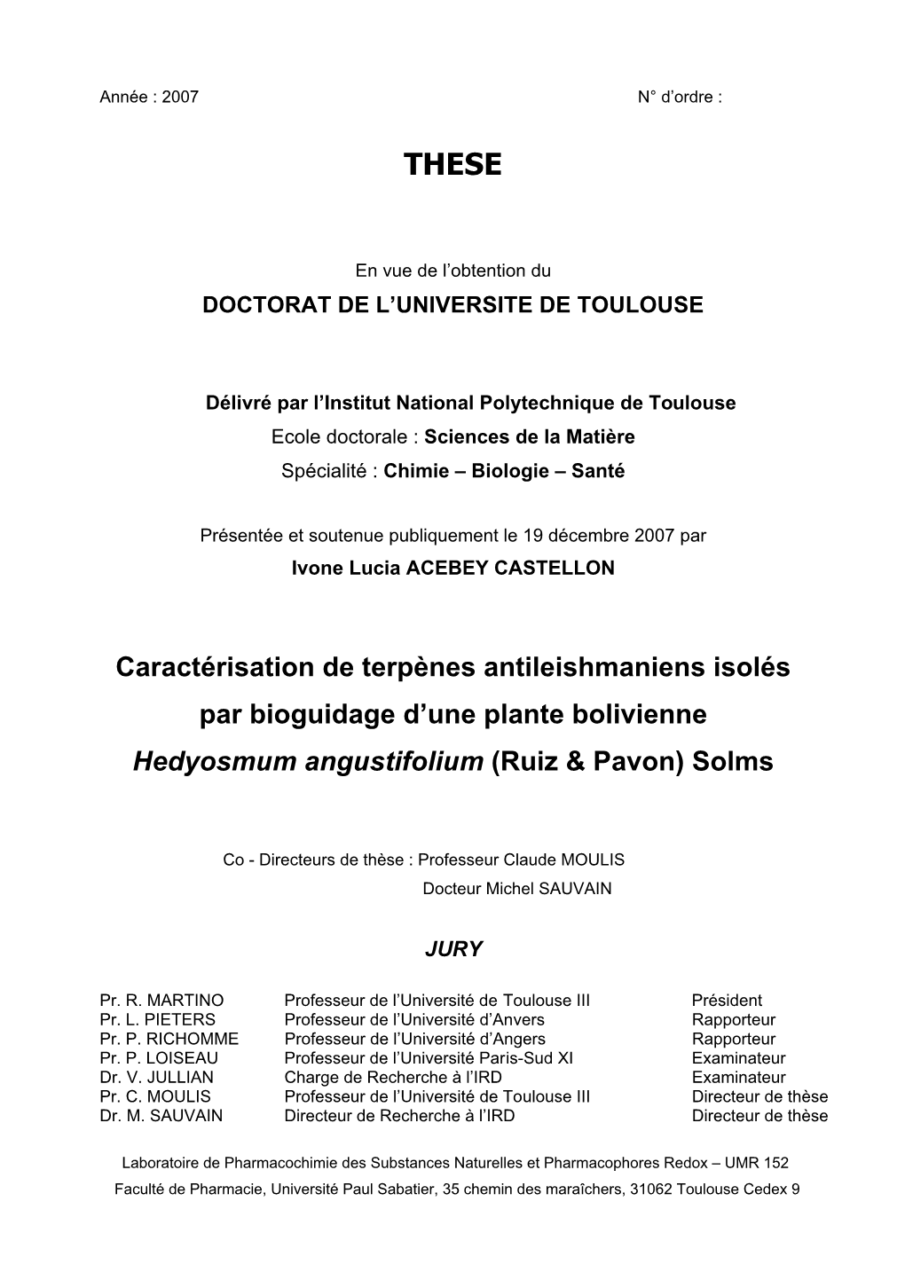 Caractérisation De Terpènes Antileishmaniens Isolés Par Bioguidage D’Une Plante Bolivienne Hedyosmum Angustifolium (Ruiz & Pavon) Solms