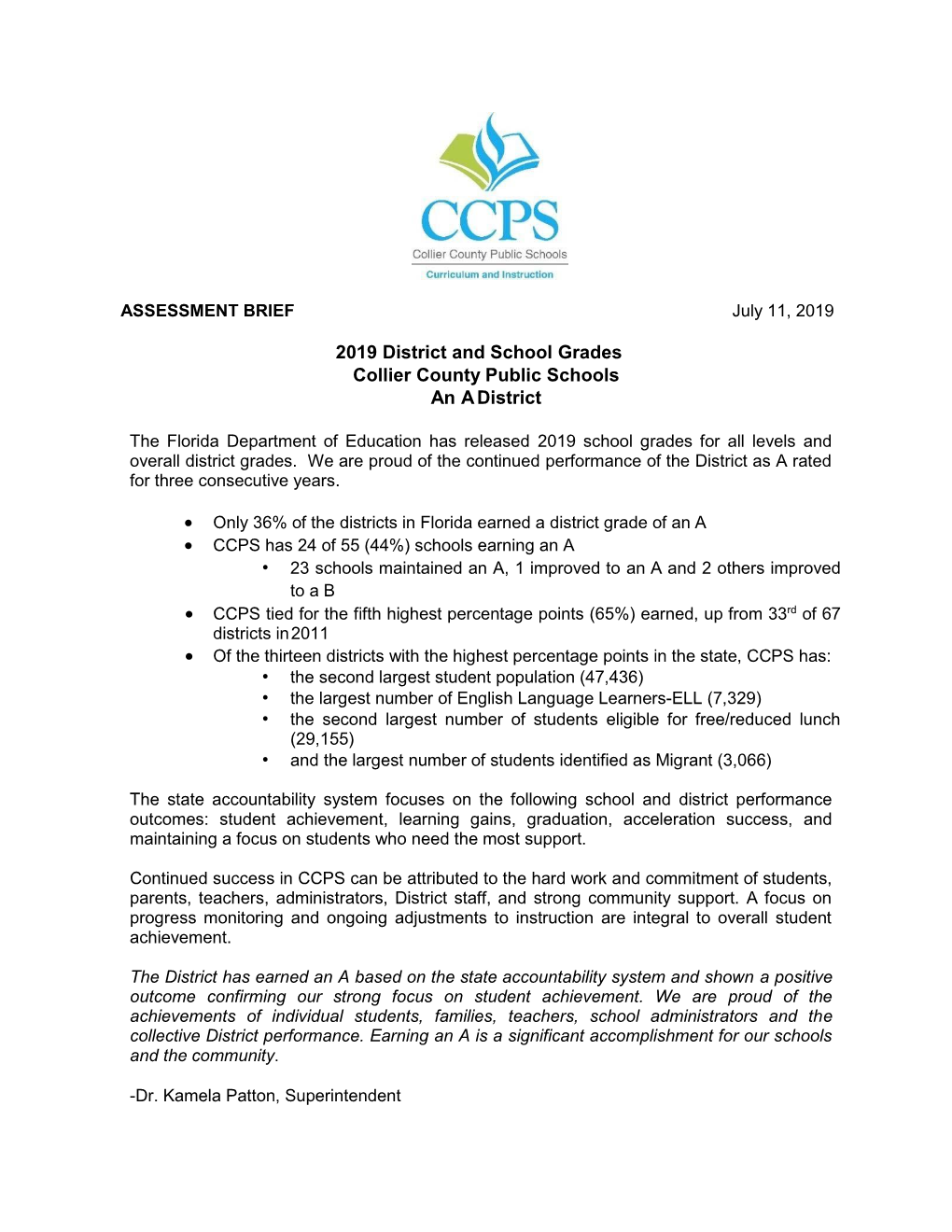 2019 District and School Grades Collier County Public Schools an a District