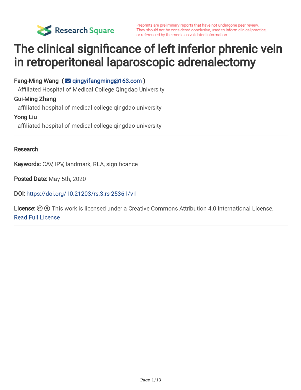 The Clinical Signi Cance of Left Inferior Phrenic Vein in Retroperitoneal