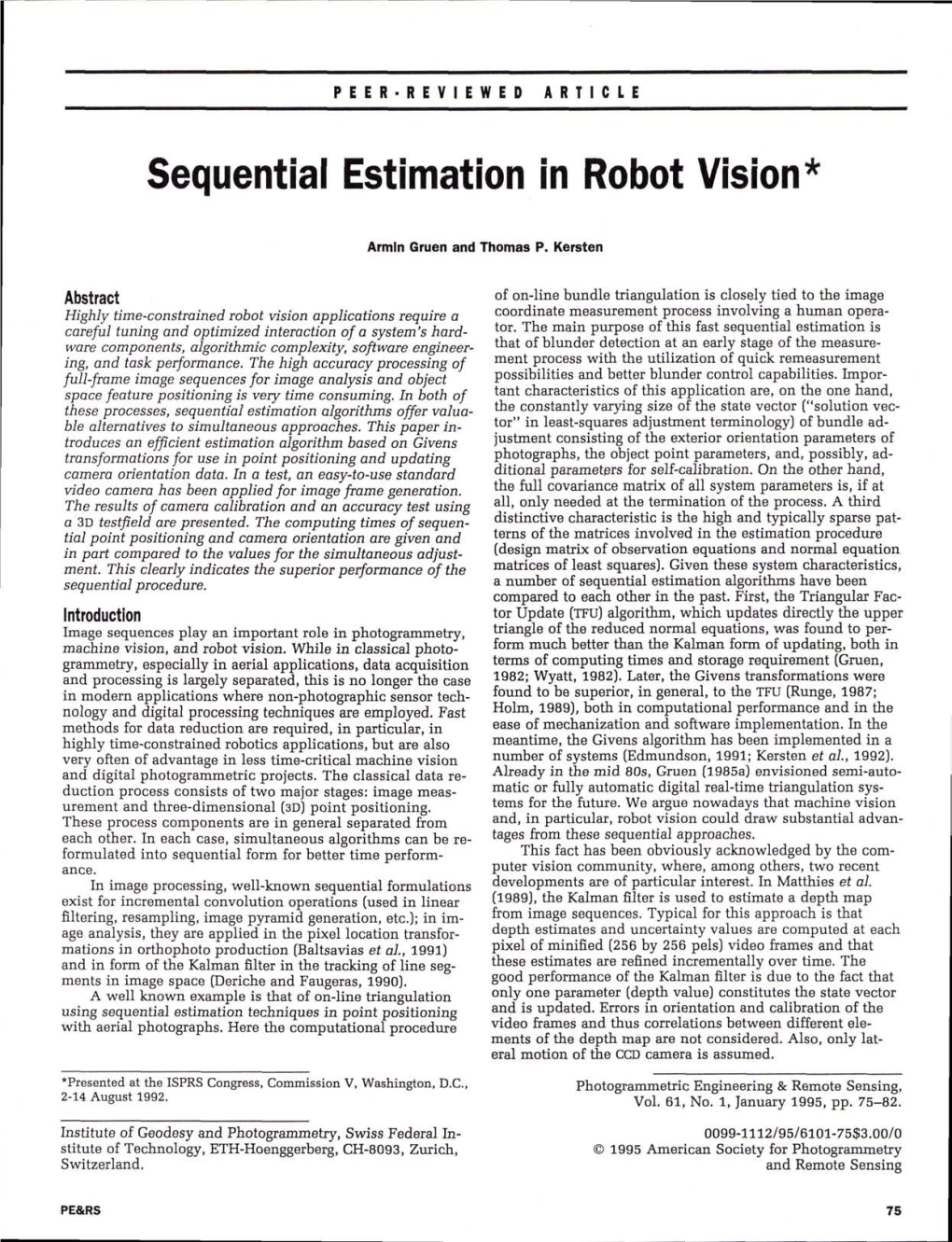 Sequential Estimation in Robot Vision*
