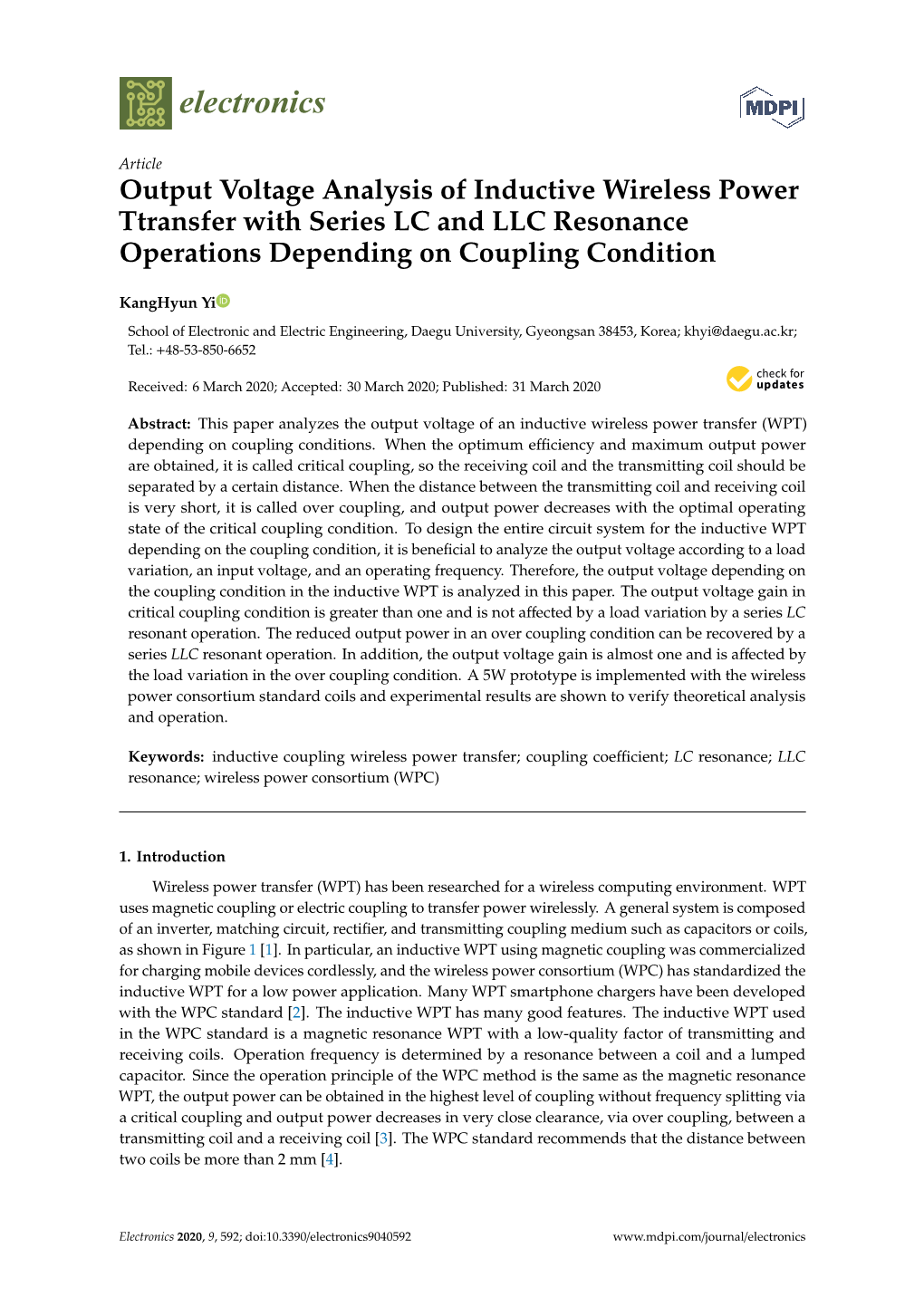Output Voltage Analysis of Inductive Wireless Power Ttransfer with Series LC and LLC Resonance Operations Depending on Coupling Condition
