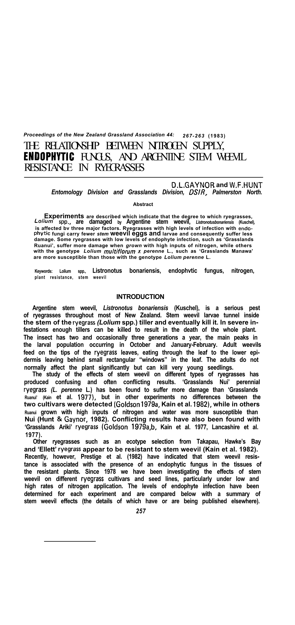 The Relationship Between Nitrogen Supply, Endophytic Fungus, and Argentine Stem Weevil Resistance in Ryegrasses