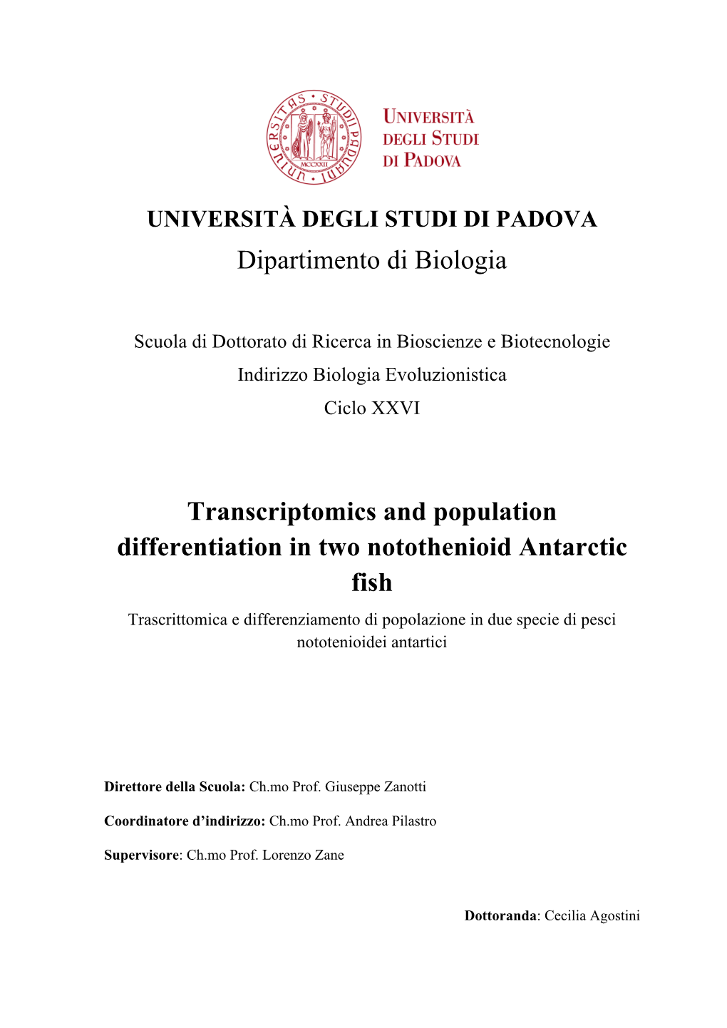 Dipartimento Di Biologia Transcriptomics and Population