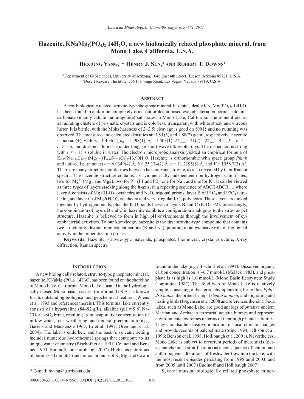 Hazenite, Knamg2(PO4)2⋅14H2O, a New Biologically Related Phosphate Mineral, from Mono Lake, California, U.S.A