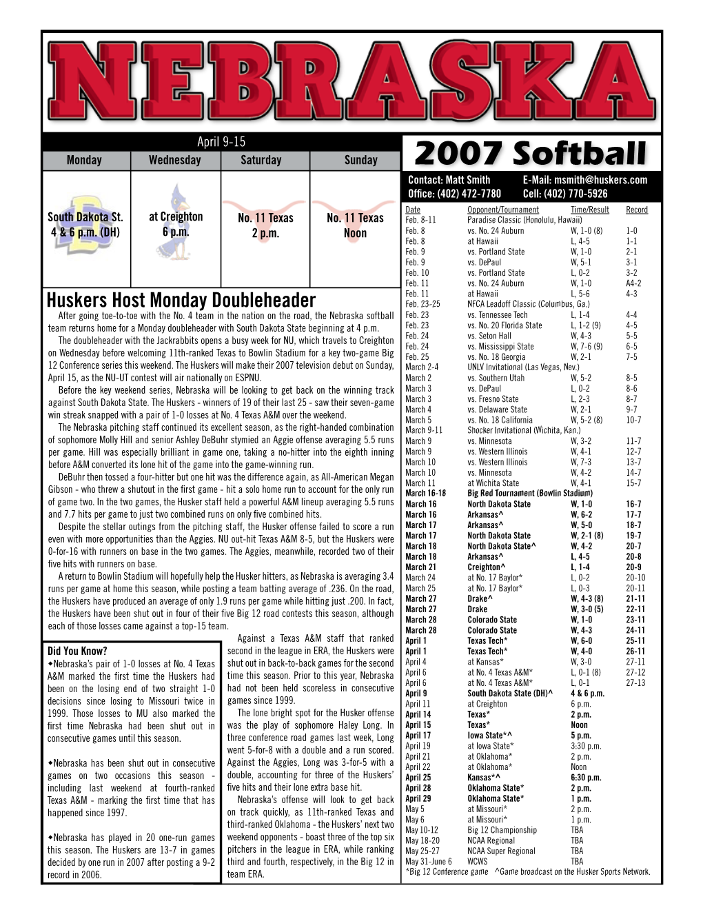 2007 Softball Contact: Matt Smith E-Mail: Msmith@Huskers.Com Office: (402) 472-7780 Cell: (402) 770-5926 Date Opponent/Tournament Time/Result Record South Dakota St