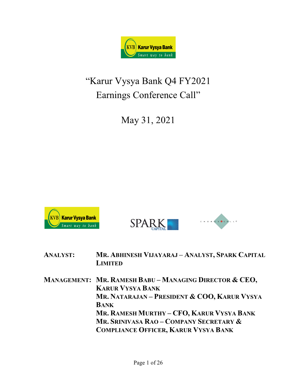 “Karur Vysya Bank Q4 FY2021 Earnings Conference Call” May 31