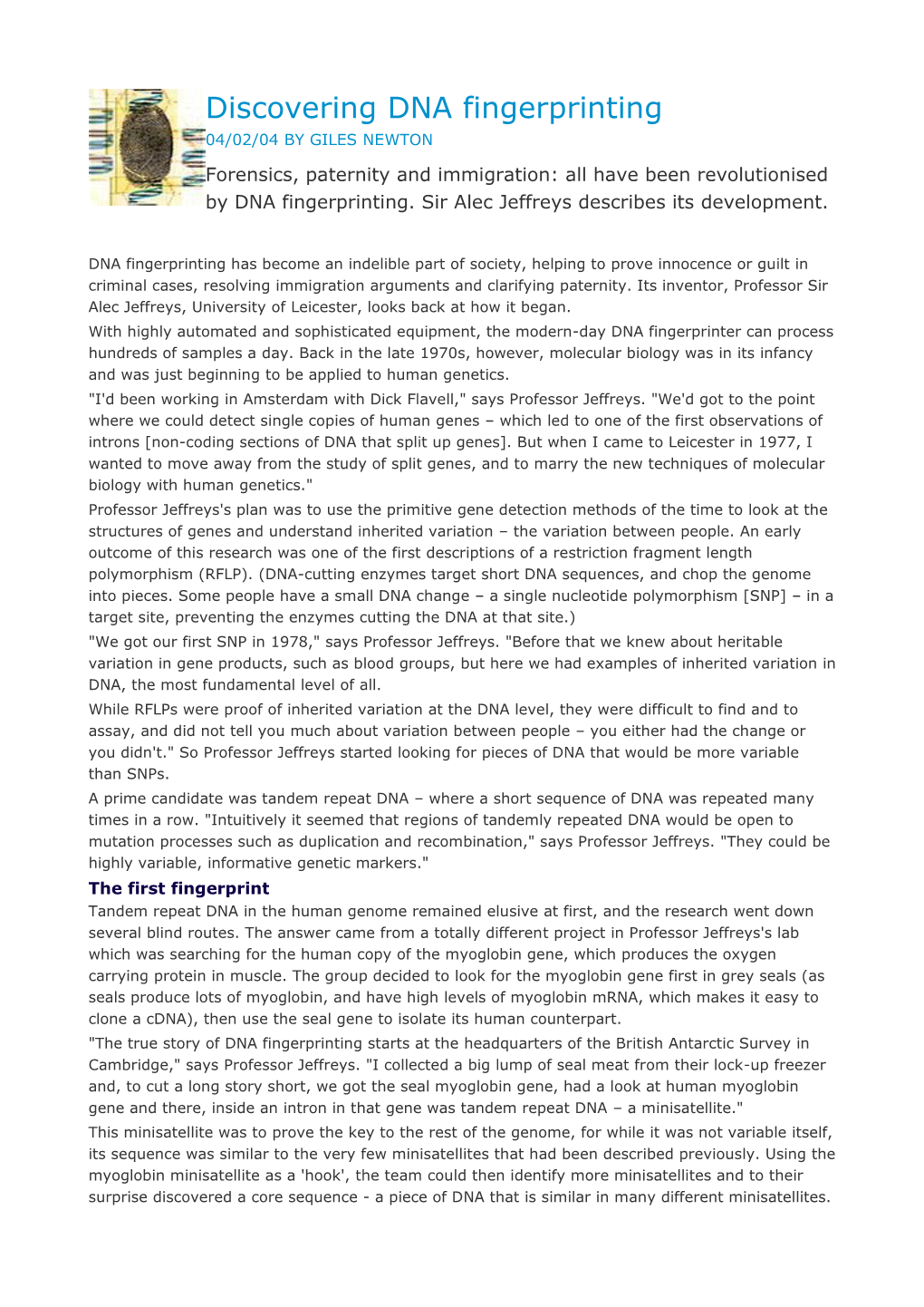 Discovering DNA Fingerprinting 04/02/04 by GILES NEWTON