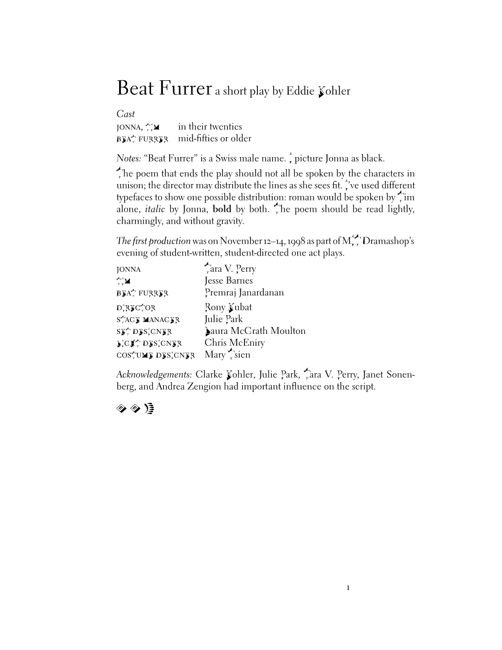 Beat Furrera Short Play by Eddie Kohler