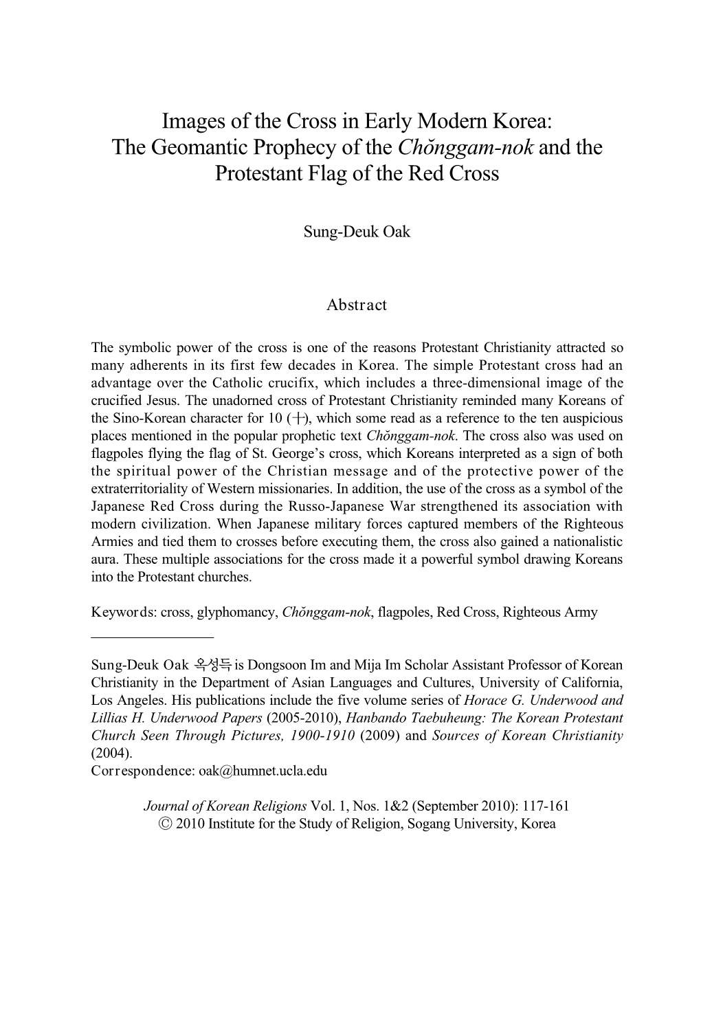 Images of the Cross in Early Modern Korea: the Geomantic Prophecy of the Cho˘Nggam-Nok and the Protestant Flag of the Red Cross