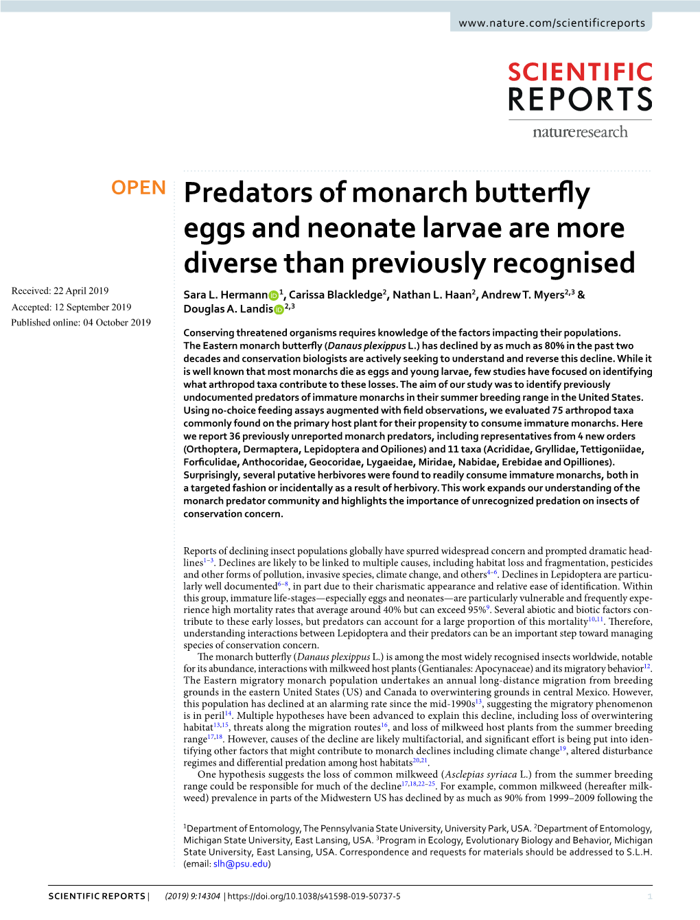 Predators of Monarch Butterfly Eggs and Neonate Larvae Are More Diverse Than Previously Recognised