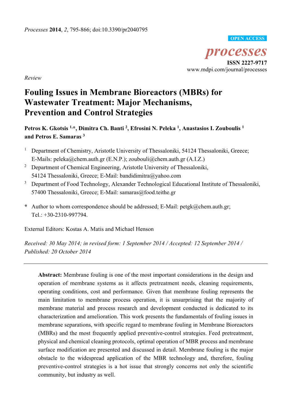 Fouling Issues in Membrane Bioreactors (Mbrs) for Wastewater Treatment: Major Mechanisms, Prevention and Control Strategies