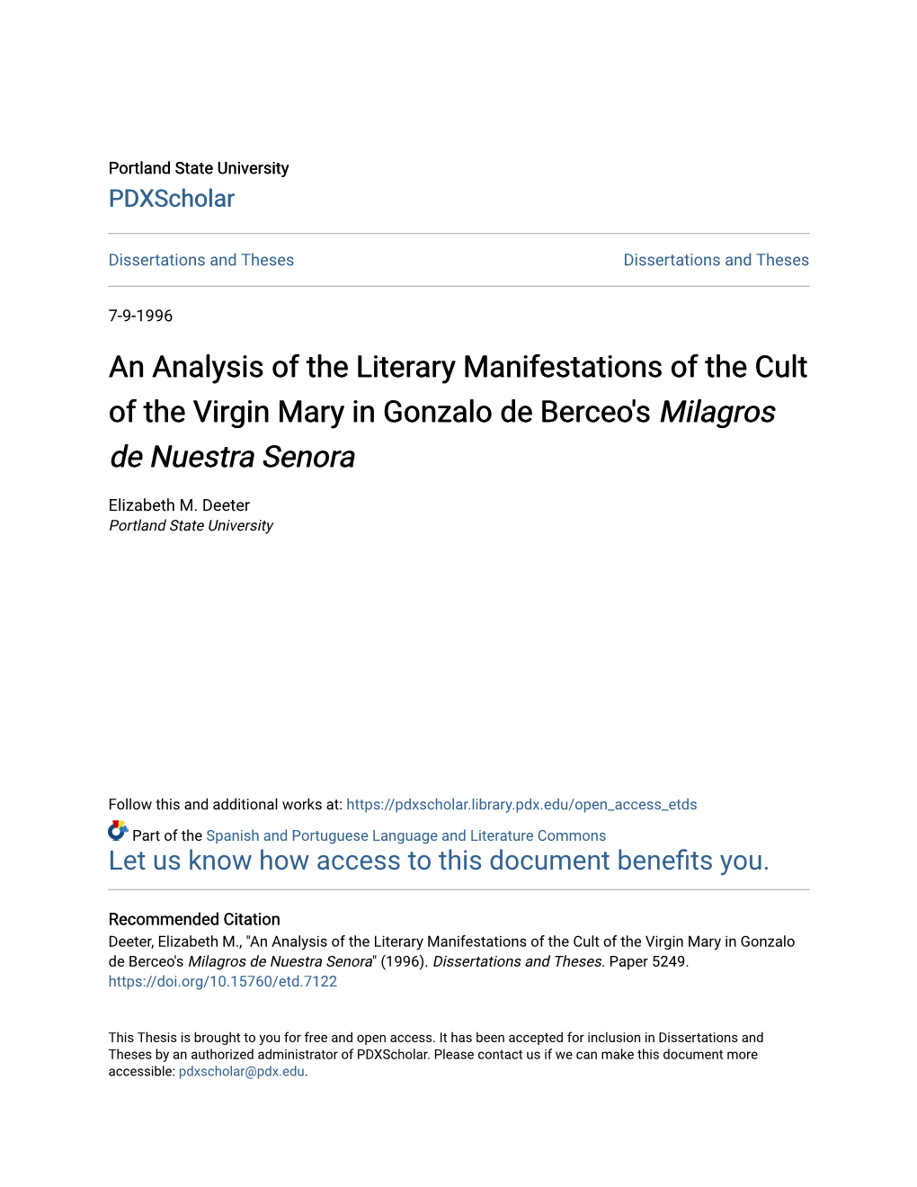 An Analysis of the Literary Manifestations of the Cult of the Virgin Mary in Gonzalo De Berceo's Milagros De Nuestra Senora