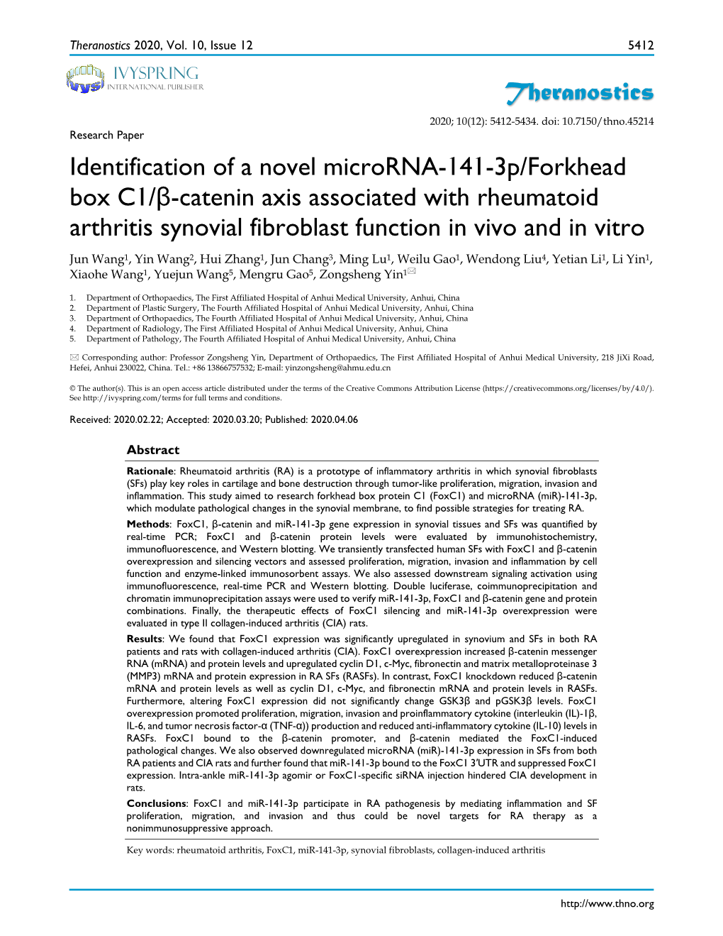 Identification of a Novel Microrna-141-3P/Forkhead Box C1/Β