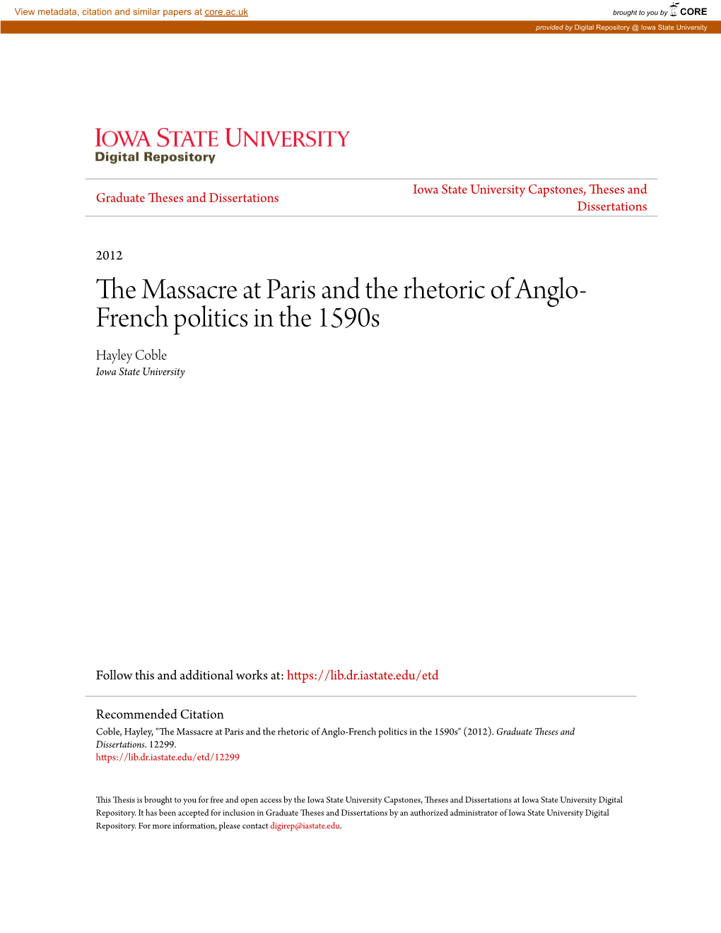 The Massacre at Paris and the Rhetoric of Anglo-French Politics in the 1590S