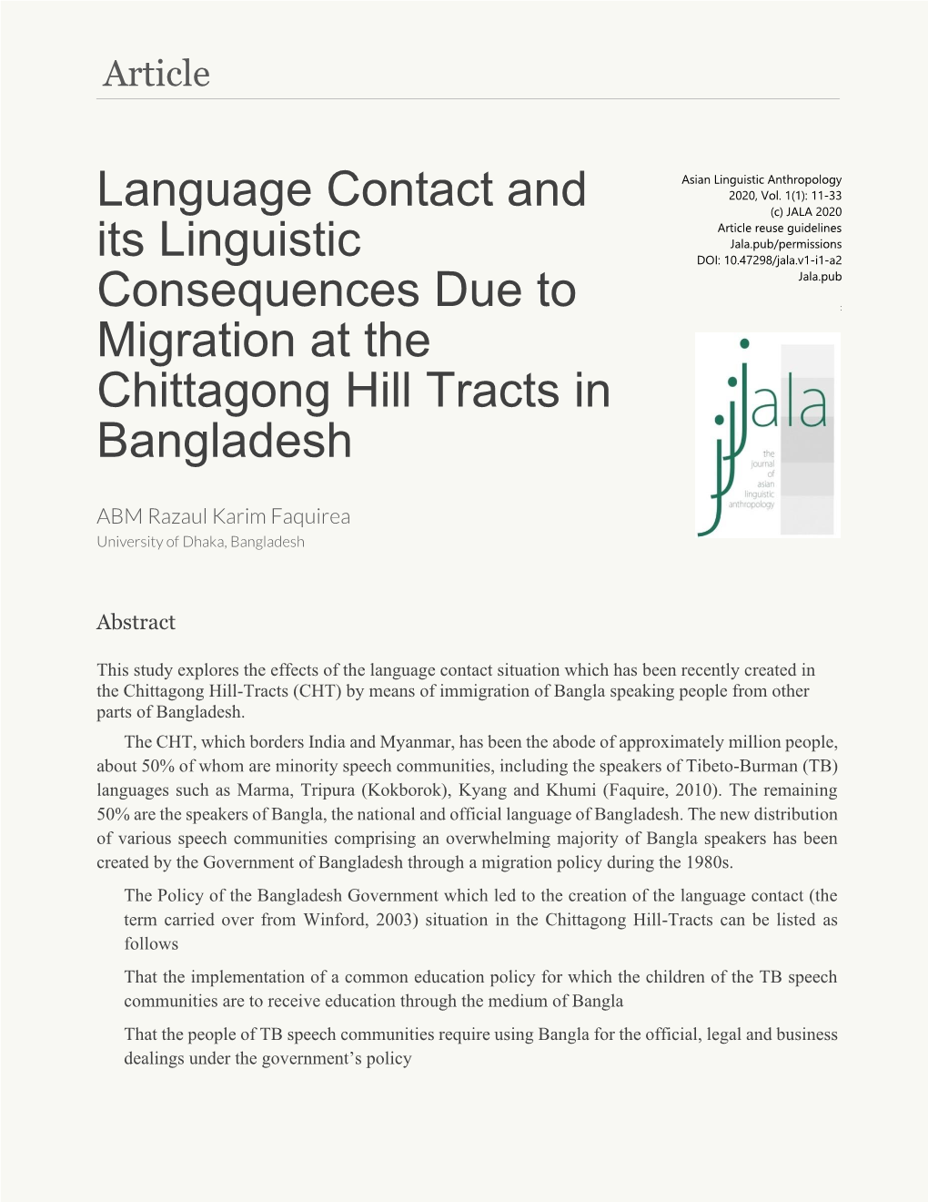 Language Contact and Its Linguistic Consequences Due to Migration at the Chittagong Hill Tracts in Bangladesh