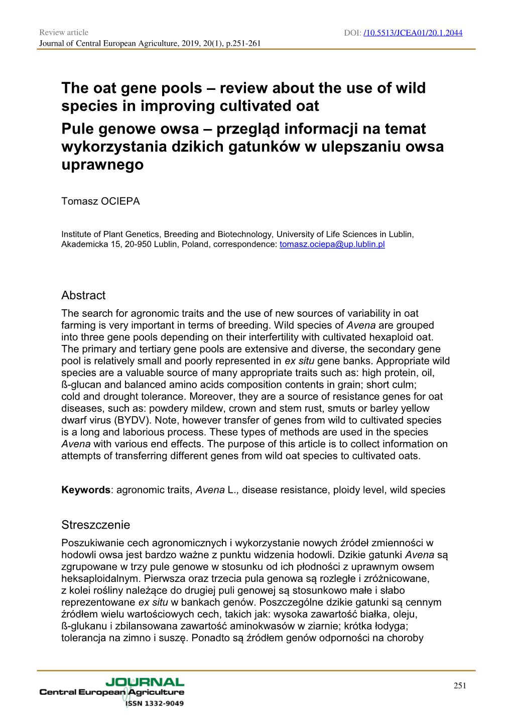 The Oat Gene Pools – Review About the Use of Wild Species in Improving