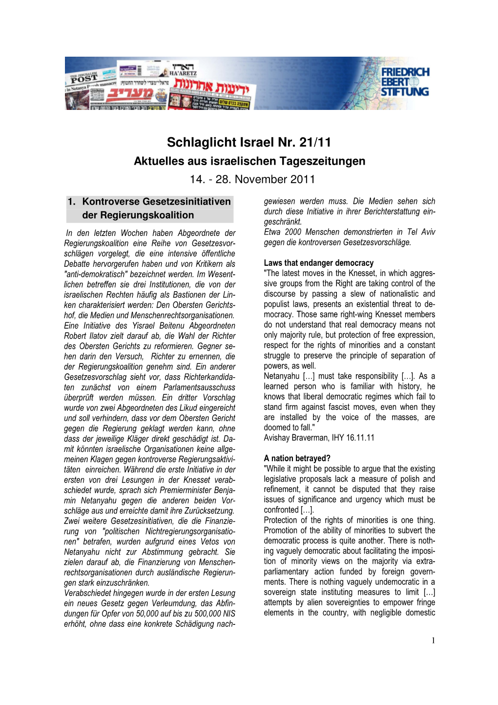 Schlaglicht Israel Nr. 21/11 Aktuelles Aus Israelischen Tageszeitungen 14