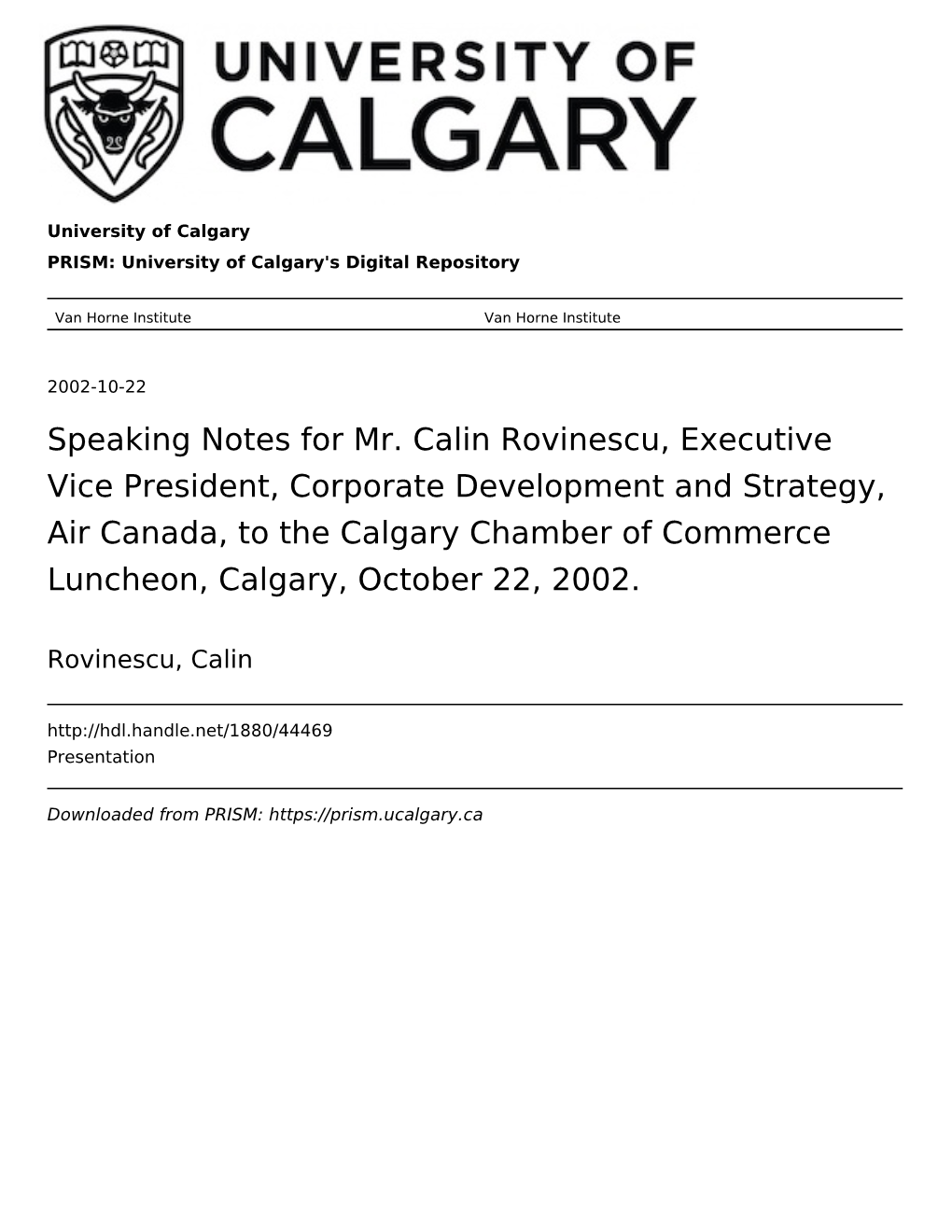 Speaking Notes for Mr. Calin Rovinescu, Executive Vice