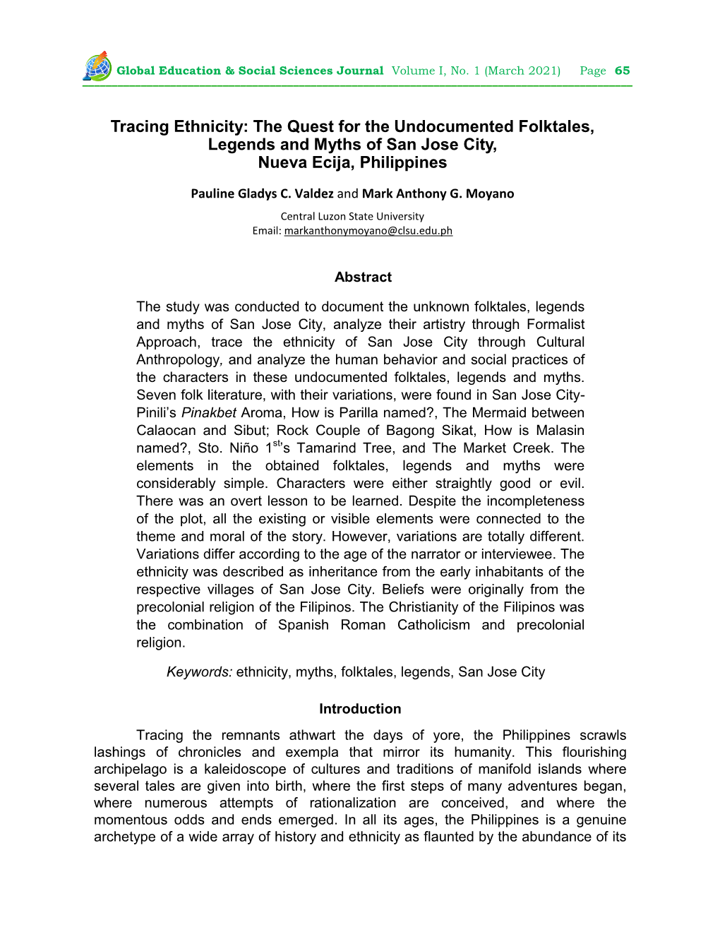 Tracing Ethnicity: the Quest for the Undocumented Folktales, Legends and Myths of San Jose City, Nueva Ecija, Philippines