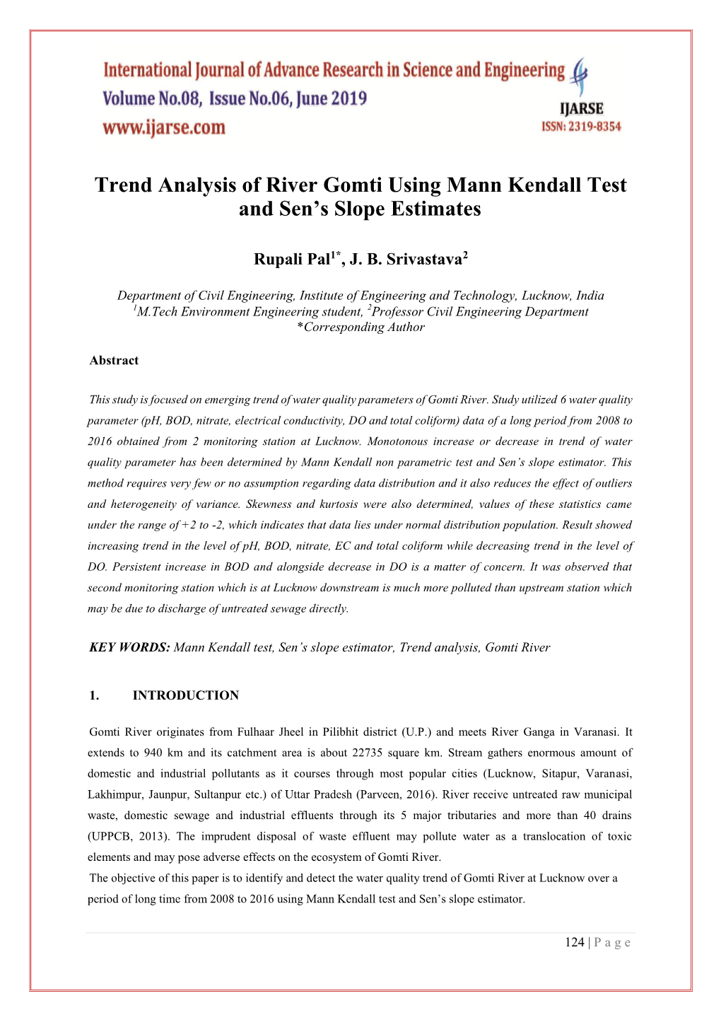 Trend Analysis of River Gomti Using Mann Kendall Test and Sen's Slope Estimates
