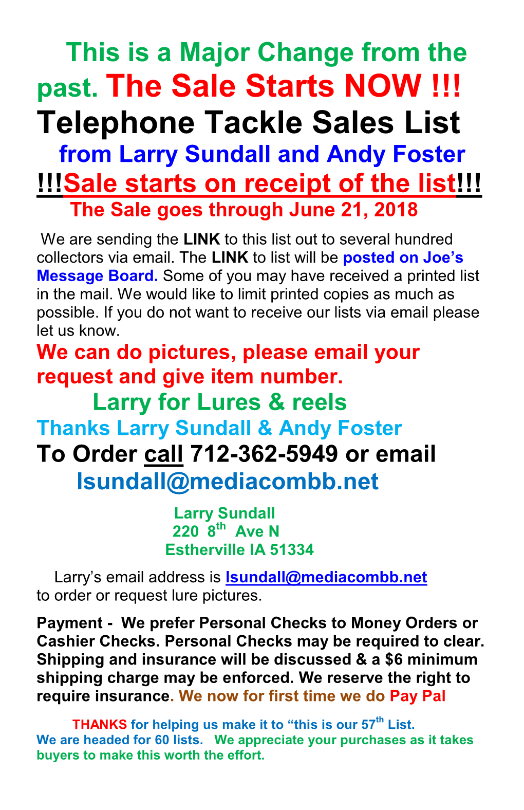 Telephone Tackle Sales List from Larry Sundall and Andy Foster !!!Sale Starts on Receipt of the List!!! the Sale Goes Through June 21, 2018