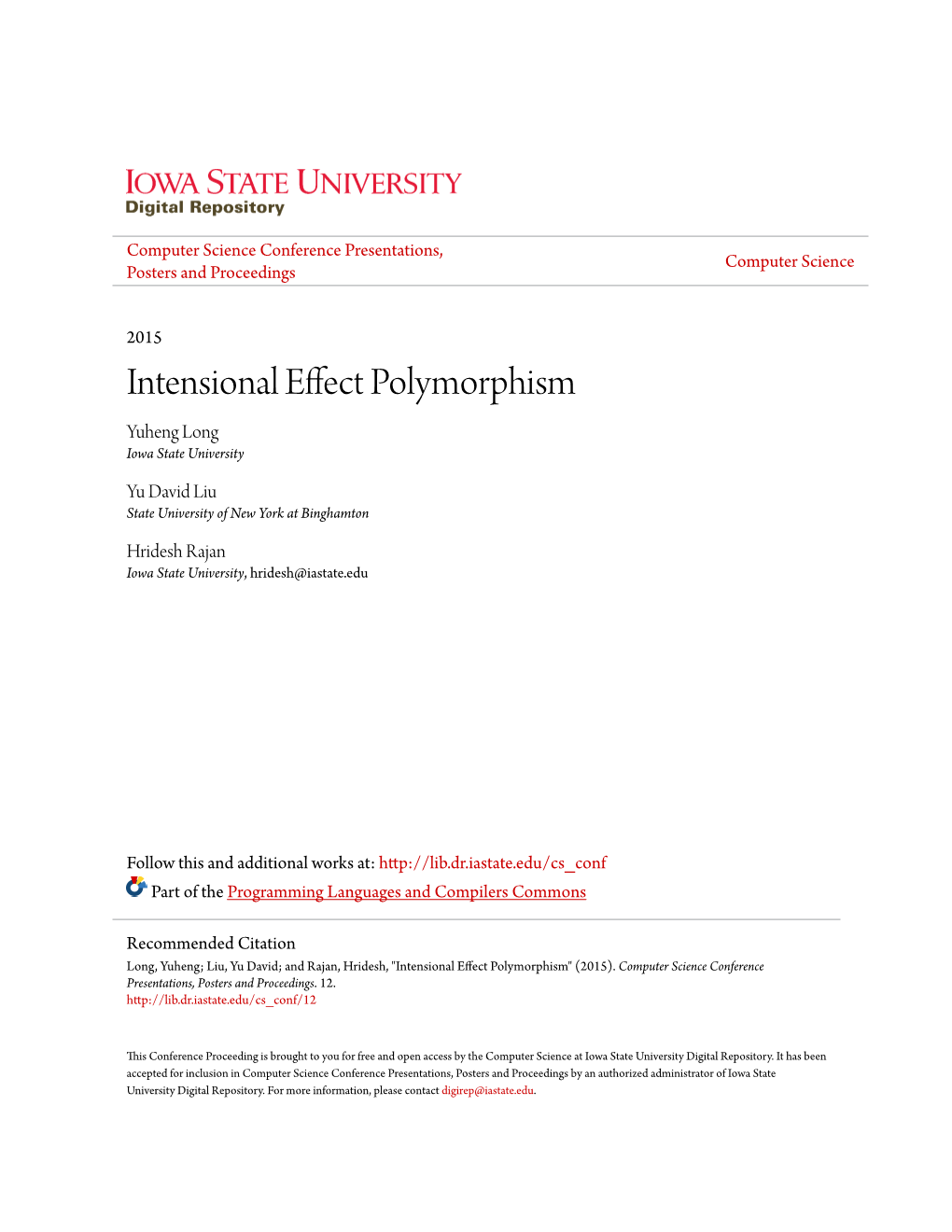 Intensional Effect Polymorphism Yuheng Long Iowa State University