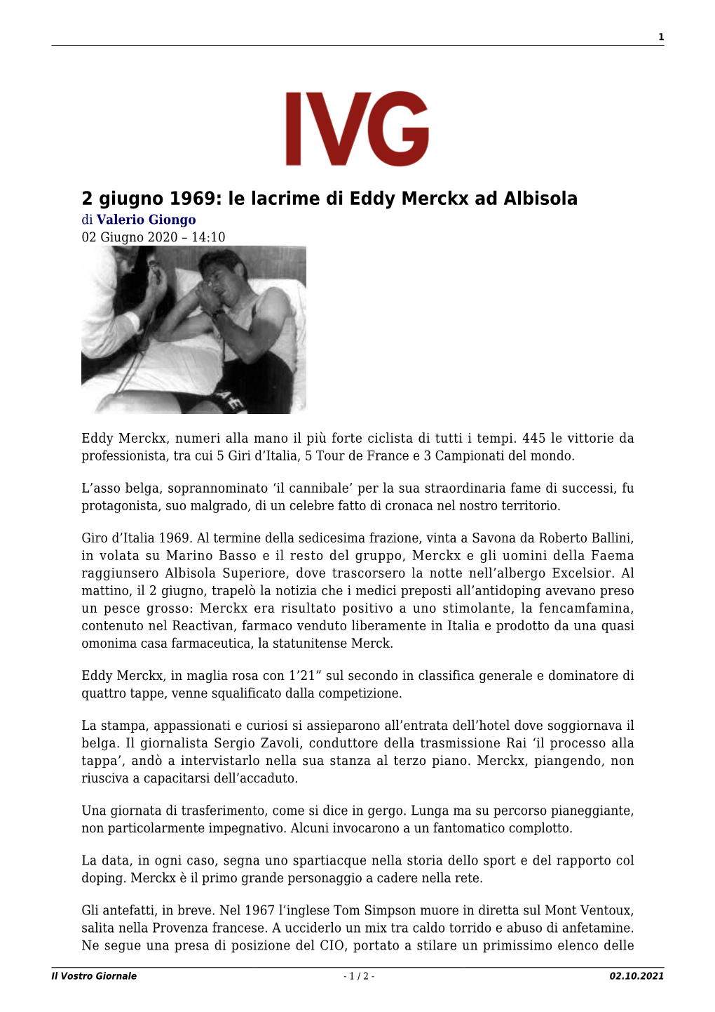 Le Lacrime Di Eddy Merckx Ad Albisola Di Valerio Giongo 02 Giugno 2020 – 14:10