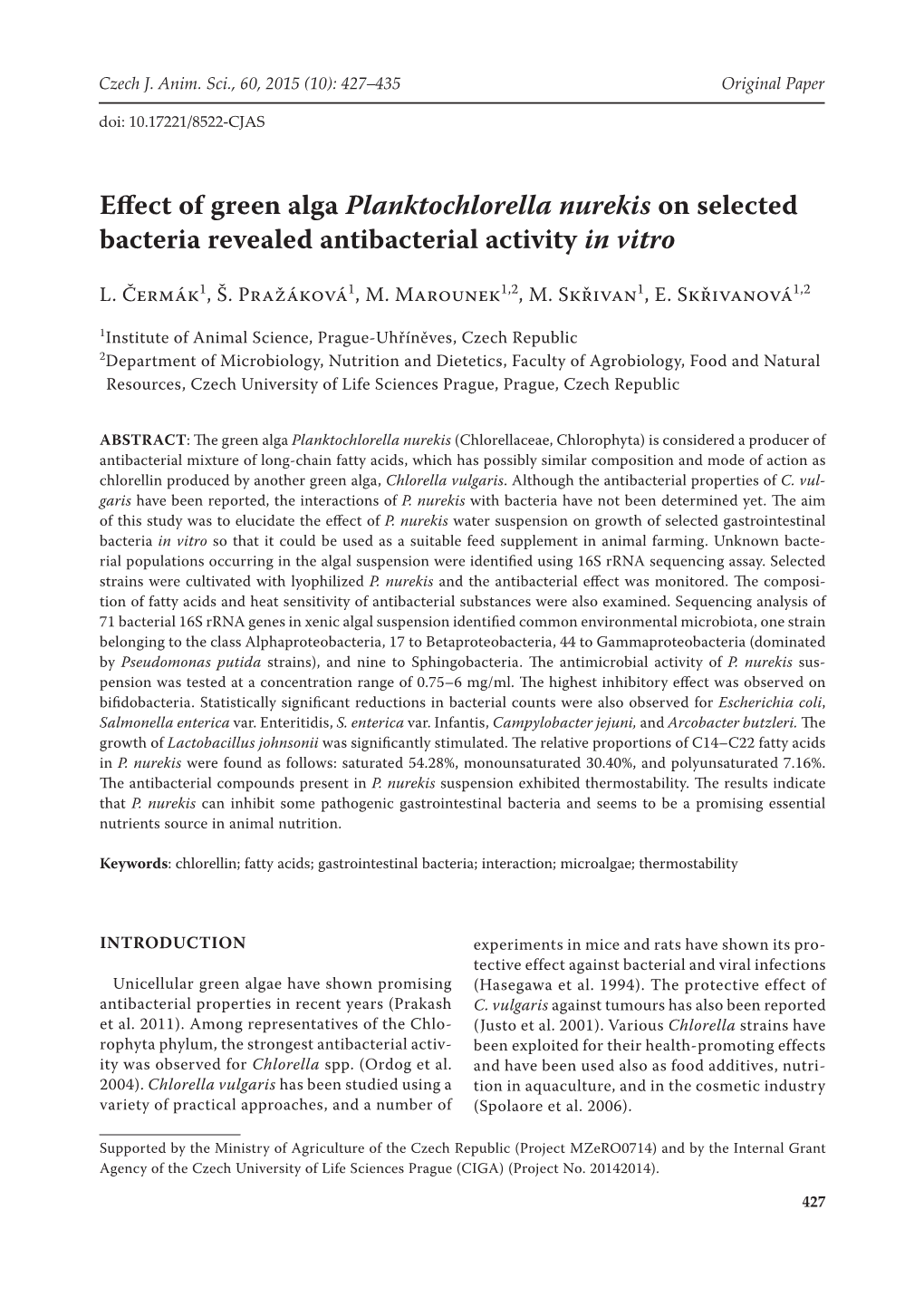 Effect of Green Alga Planktochlorella Nurekis on Selected Bacteria Revealed Antibacterial Activity in Vitro