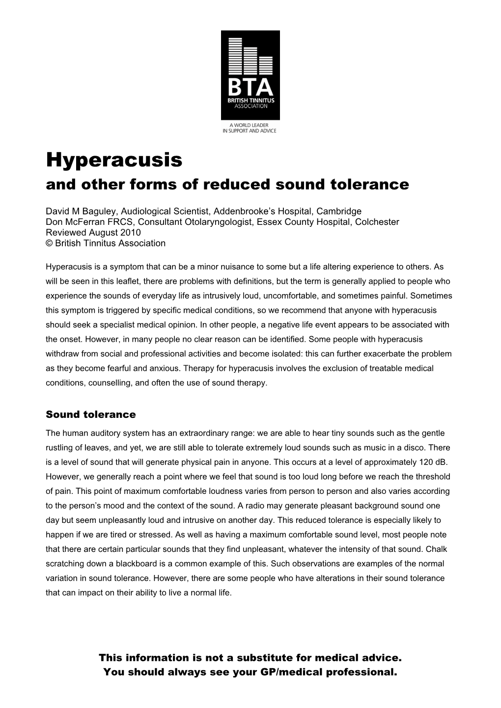 Hyperacusis and Other Forms of Reduced Sound Tolerance