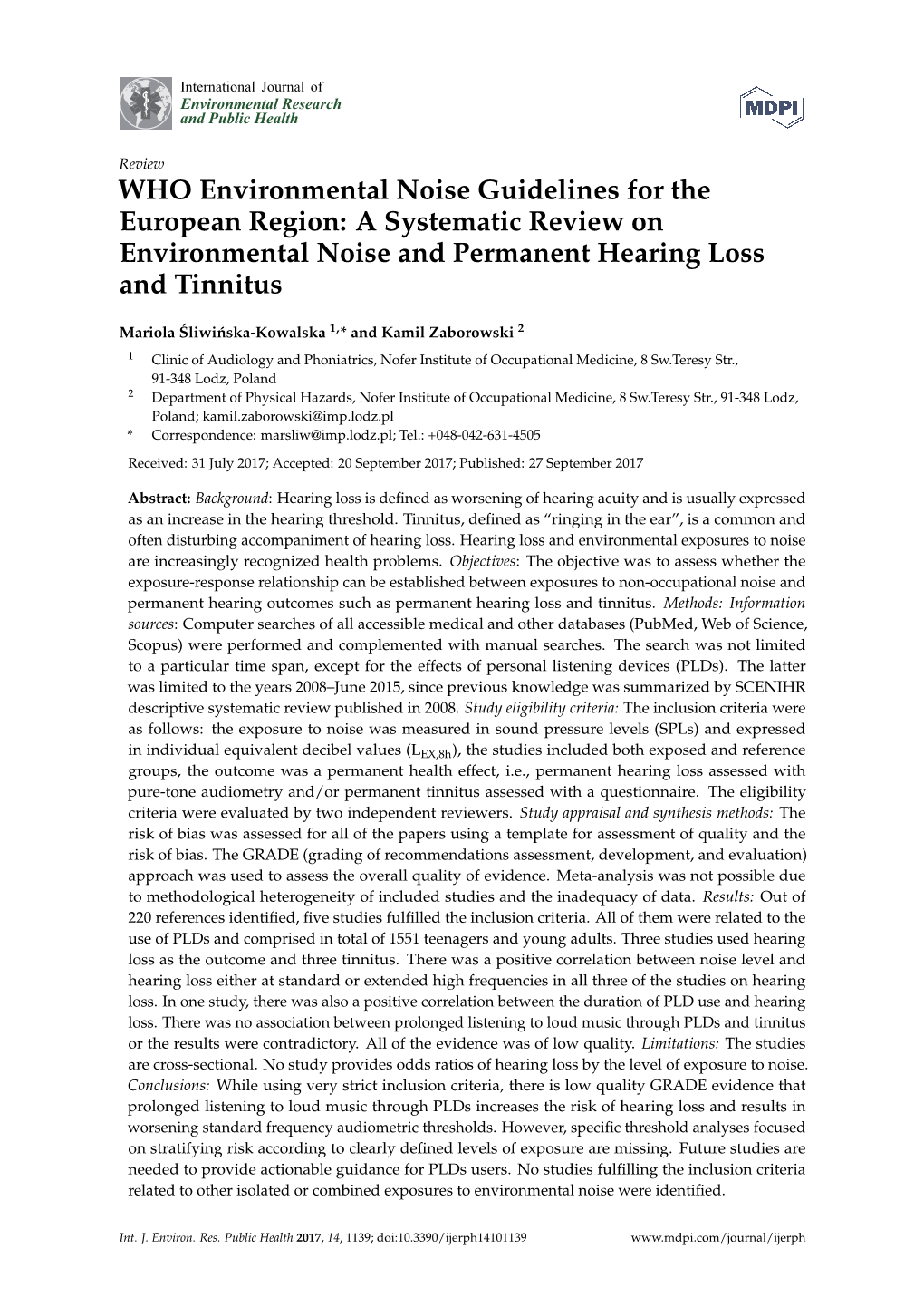 WHO Environmental Noise Guidelines for the European Region: a Systematic Review on Environmental Noise and Permanent Hearing Loss and Tinnitus