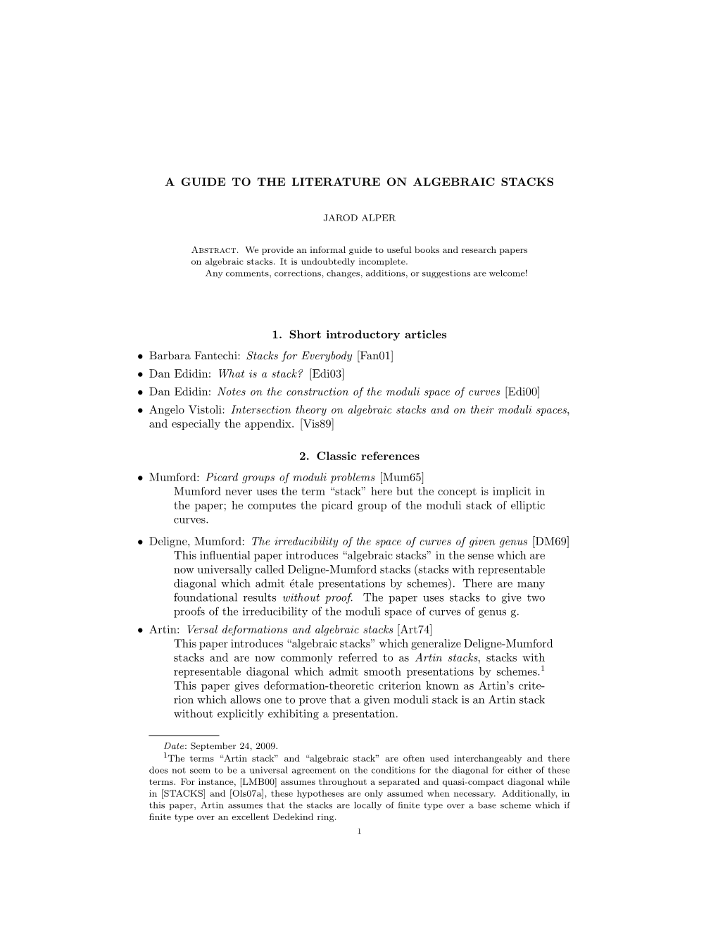 A GUIDE to the LITERATURE on ALGEBRAIC STACKS 1. Short