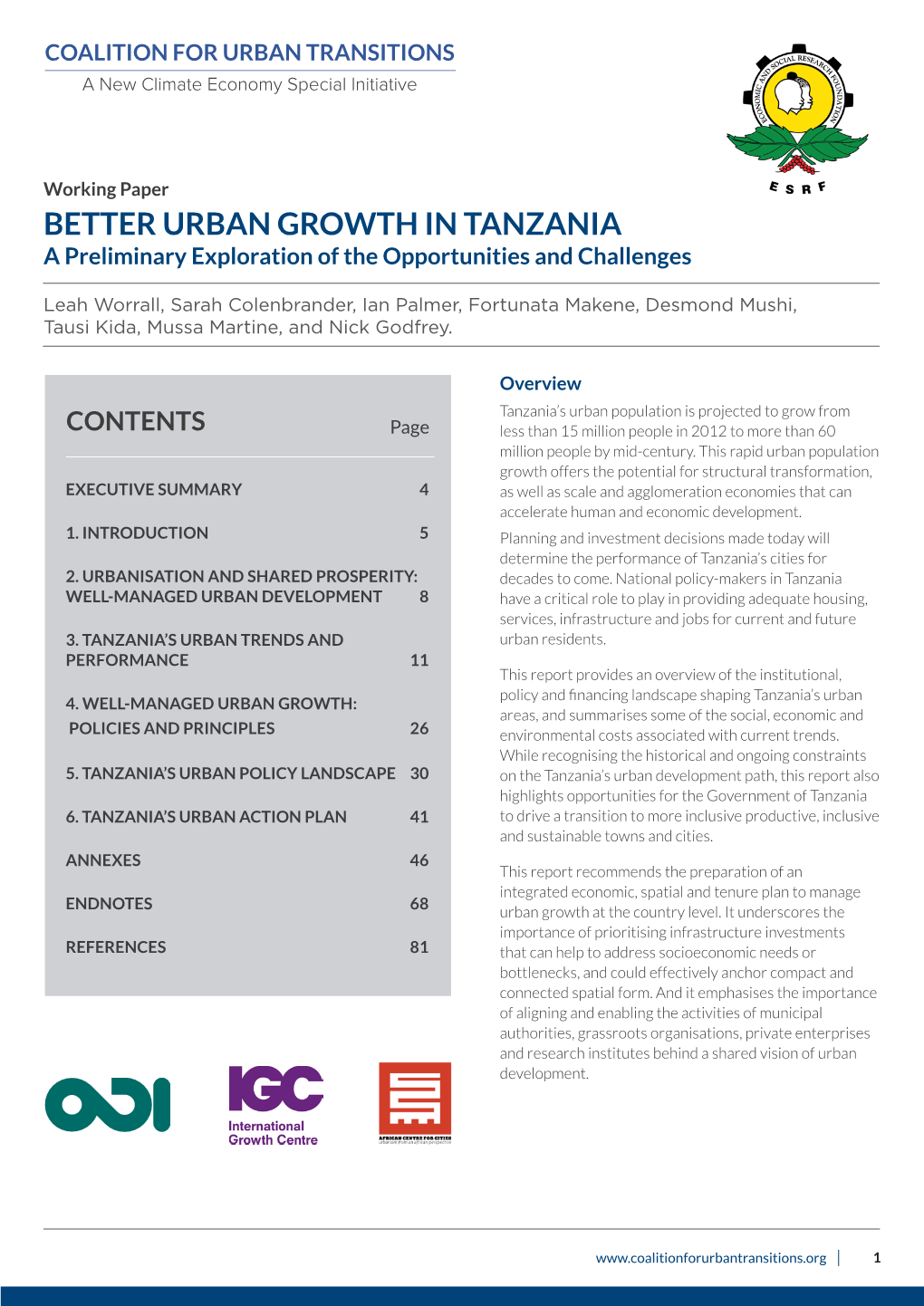 BETTER URBAN GROWTH in TANZANIA a Preliminary Exploration of the Opportunities and Challenges