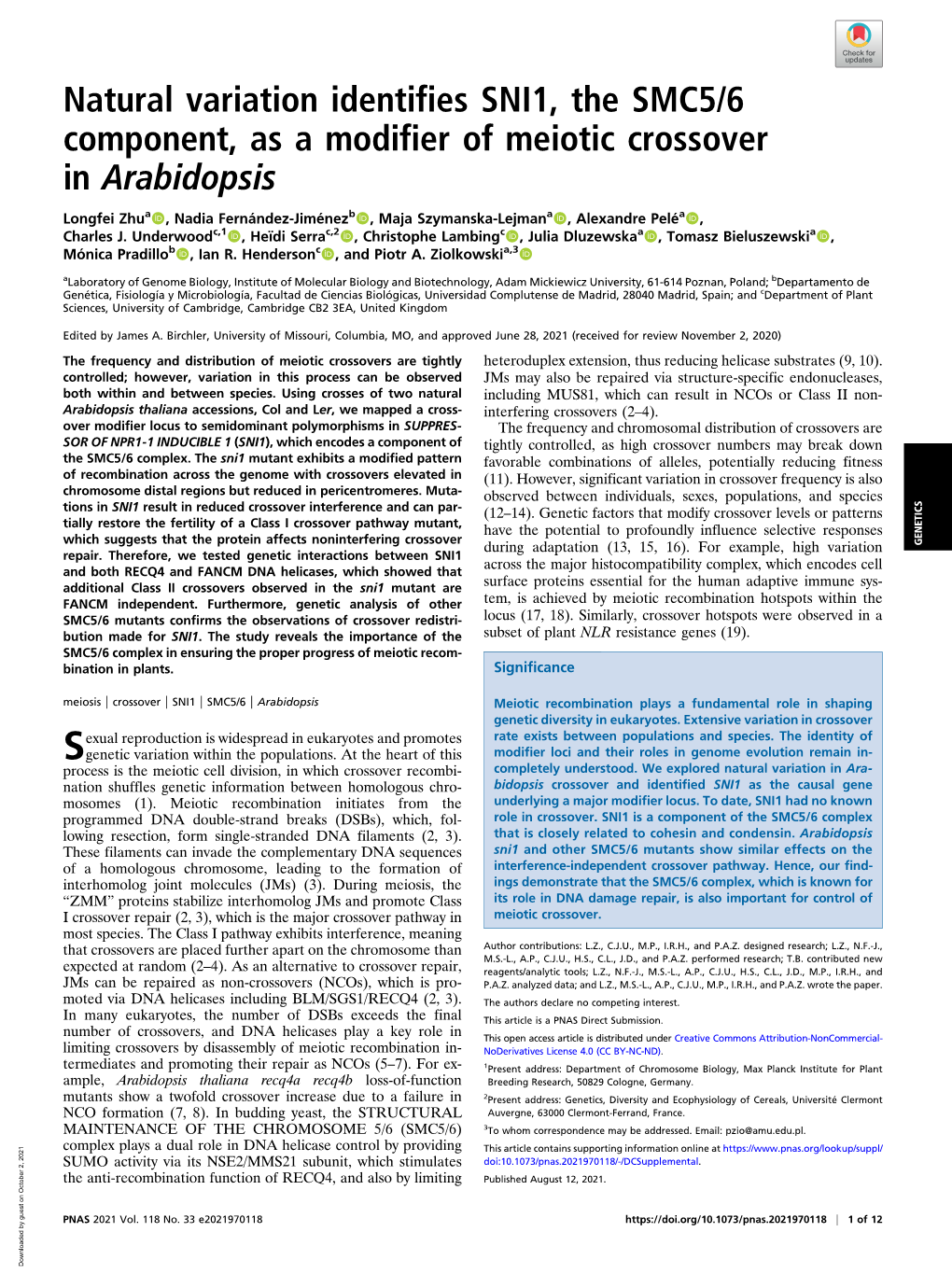 Natural Variation Identifies SNI1, the SMC5/6 Component, As a Modifier of Meiotic Crossover in Arabidopsis