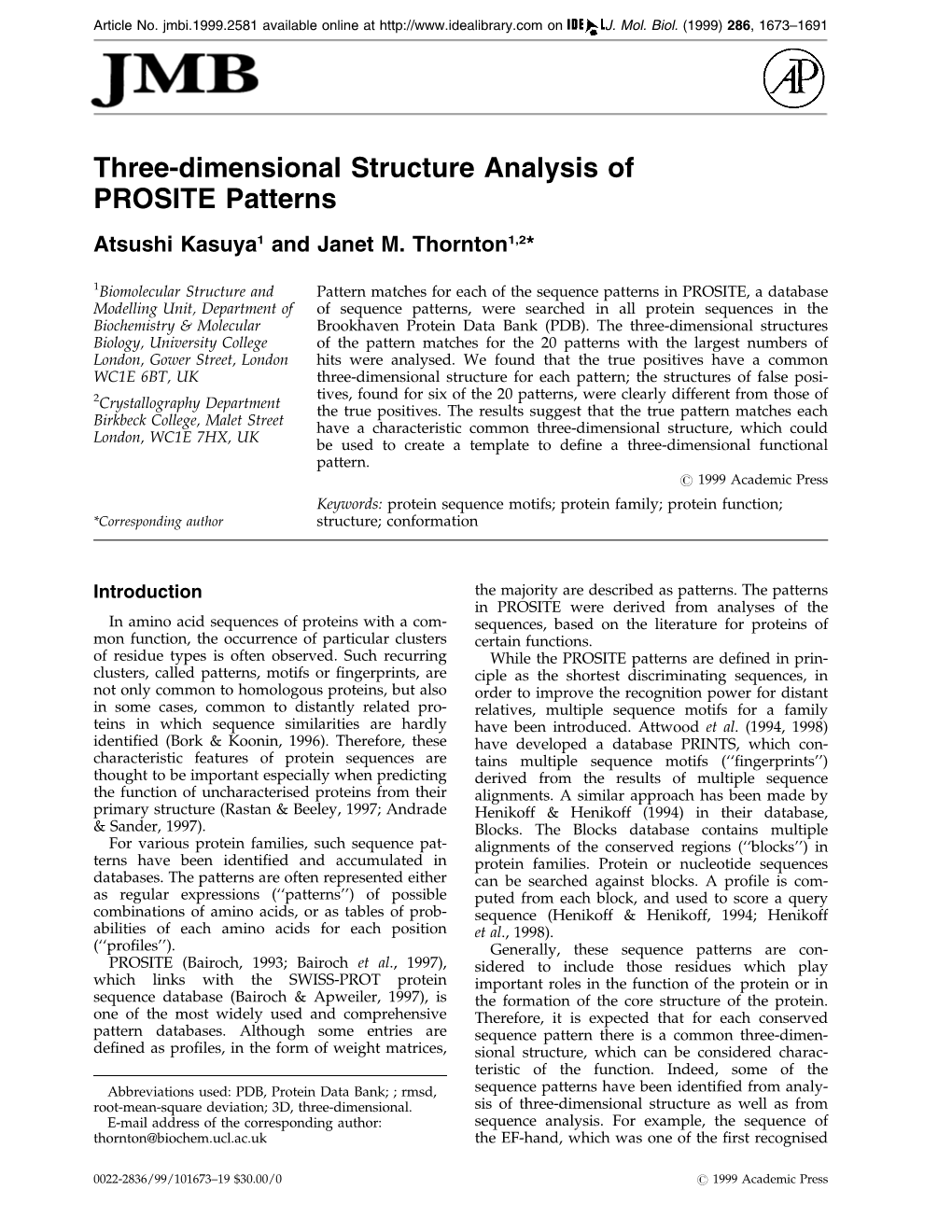 Three-Dimensional Structure Analysis of PROSITE Patterns