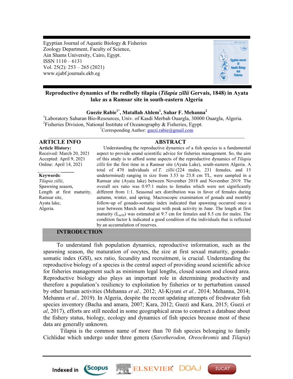 Reproductive Dynamics of the Redbelly Tilapia (Tilapia Zillii Gervais, 1848) in Ayata Lake As a Ramsar Site in South-Eastern Algeria