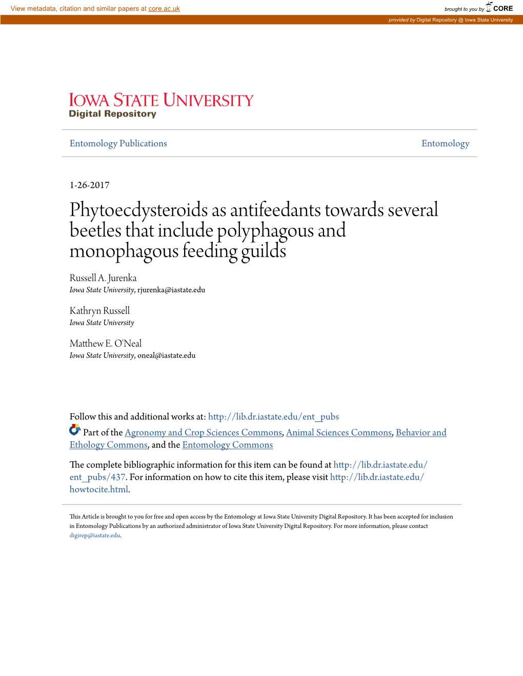 Phytoecdysteroids As Antifeedants Towards Several Beetles That Include Polyphagous and Monophagous Feeding Guilds Russell A