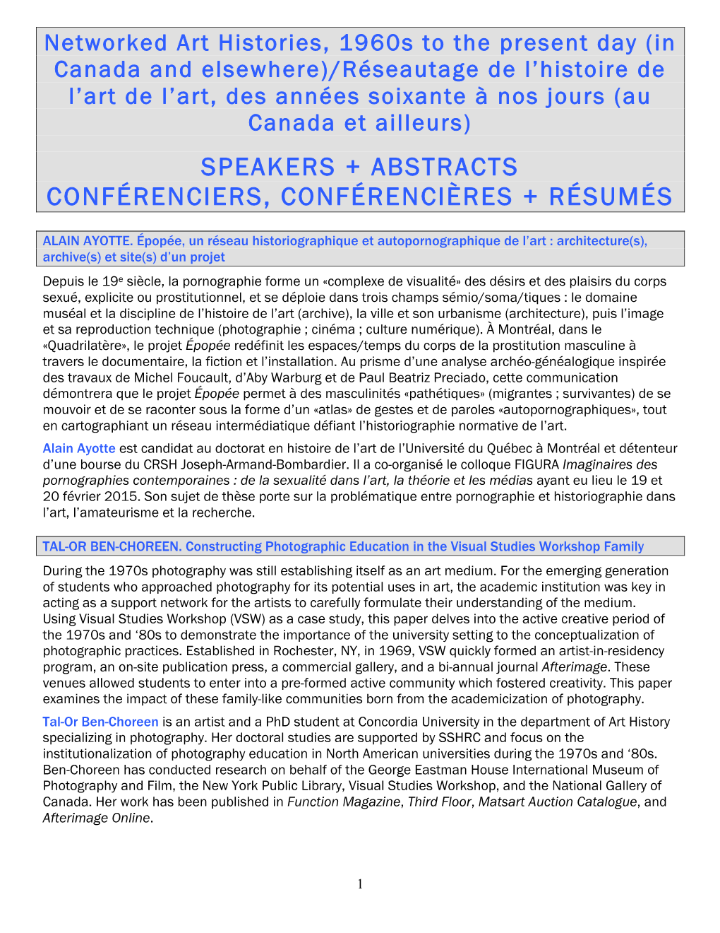 Speakers + Abstracts Conférenciers, Conférencières + Résumés