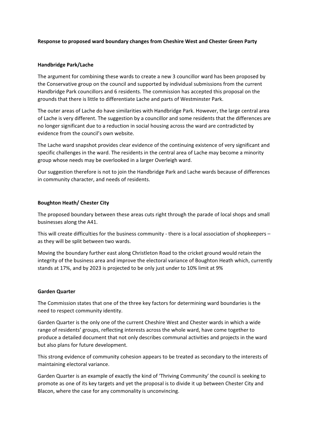 Response to Proposed Ward Boundary Changes from Cheshire West and Chester Green Party