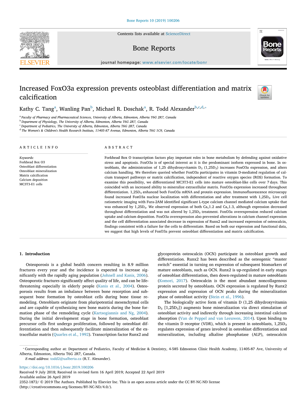 Increased Foxo3a Expression Prevents Osteoblast Differentiation