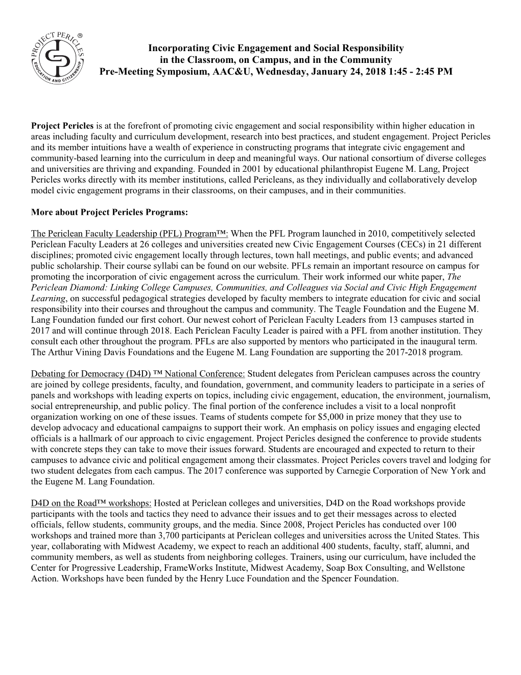 Incorporating Civic Engagement and Social Responsibility in the Classroom, on Campus, and in the Community Pre-Meeting Symposiu