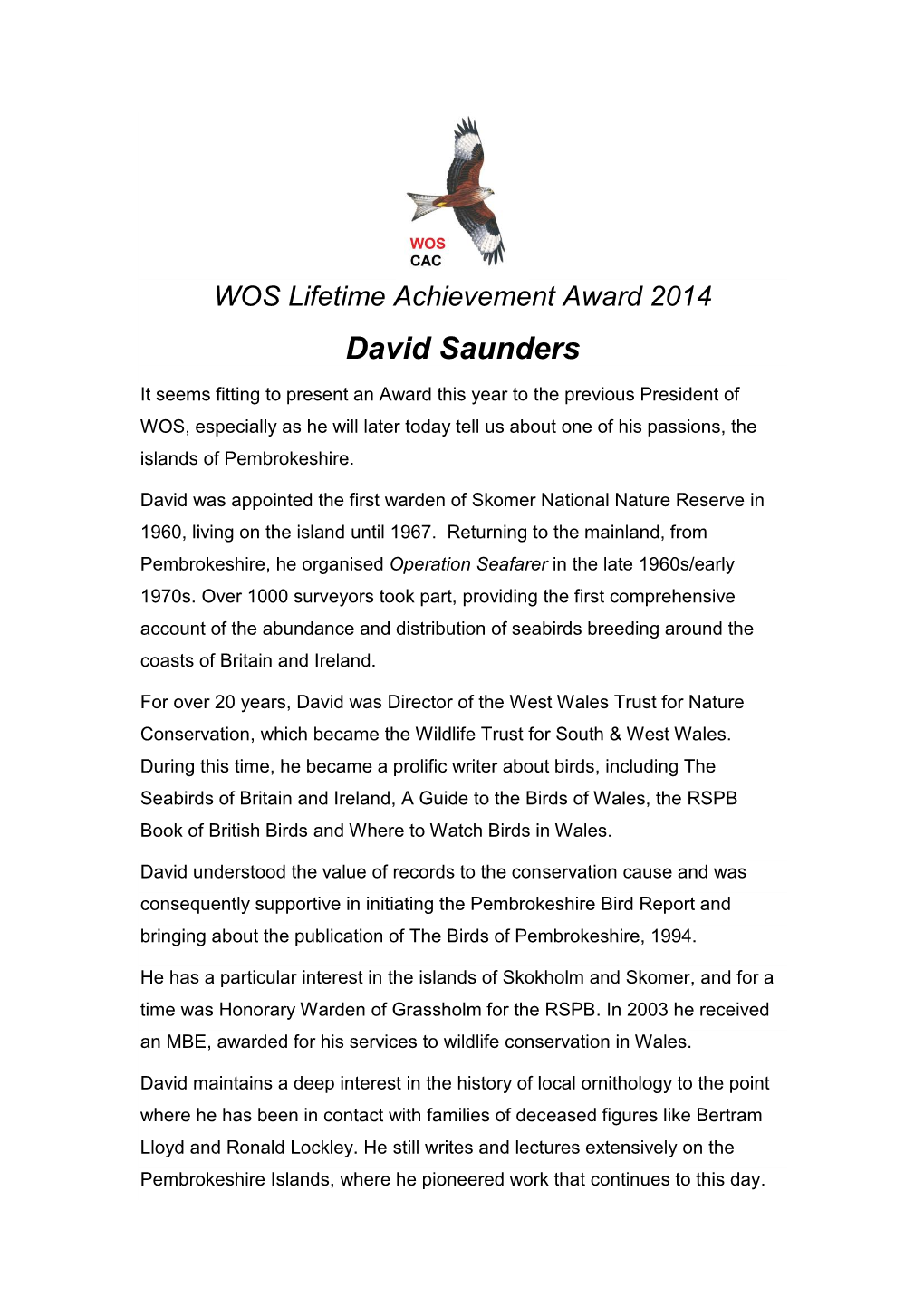 WOS Lifetime Achievement Award 2012