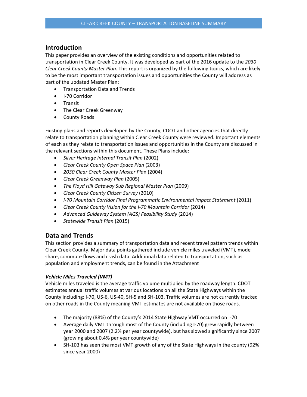 Transportation Baseline Summary