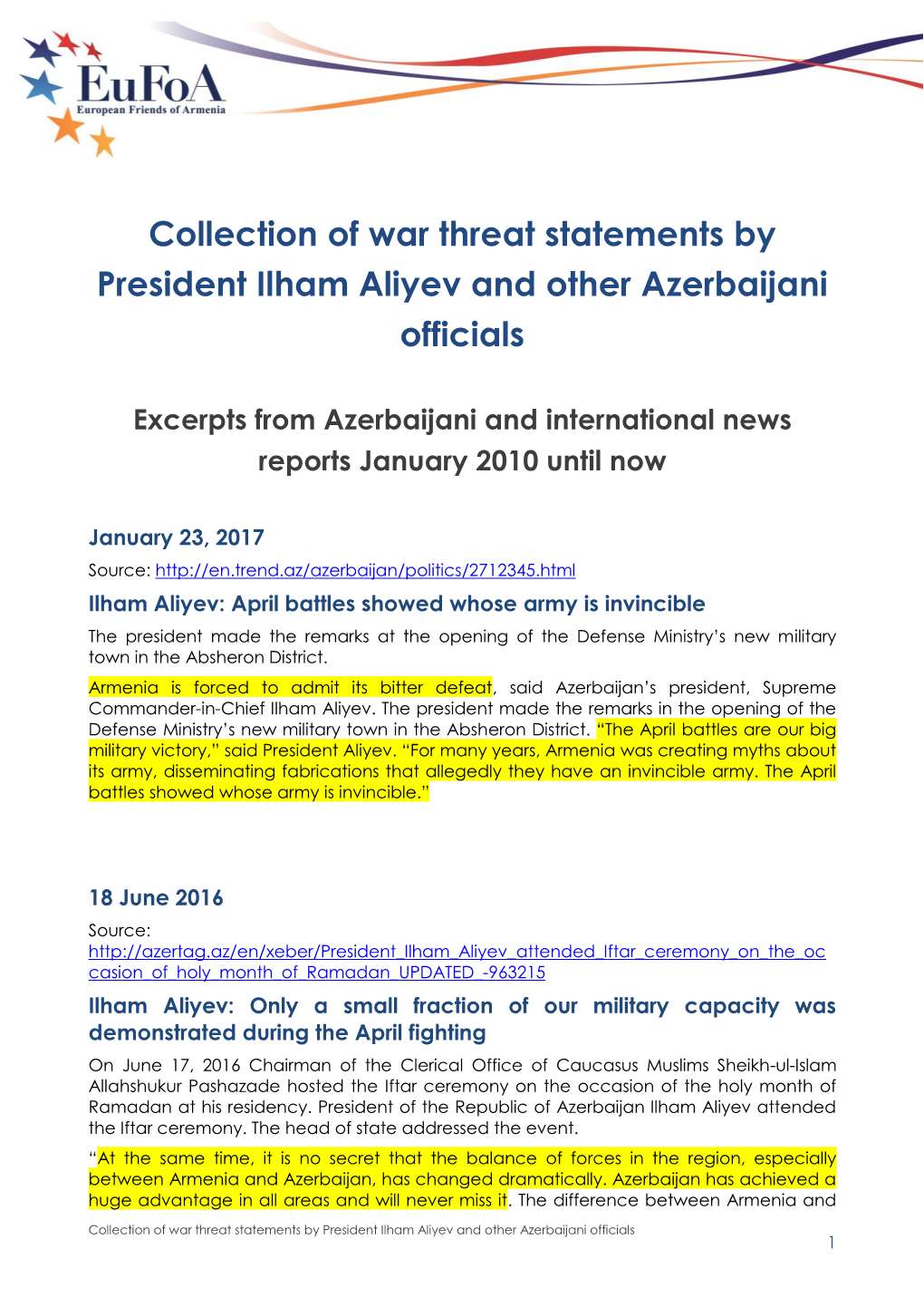 Collection of War Threat Statements by President Ilham Aliyev and Other Azerbaijani Officials