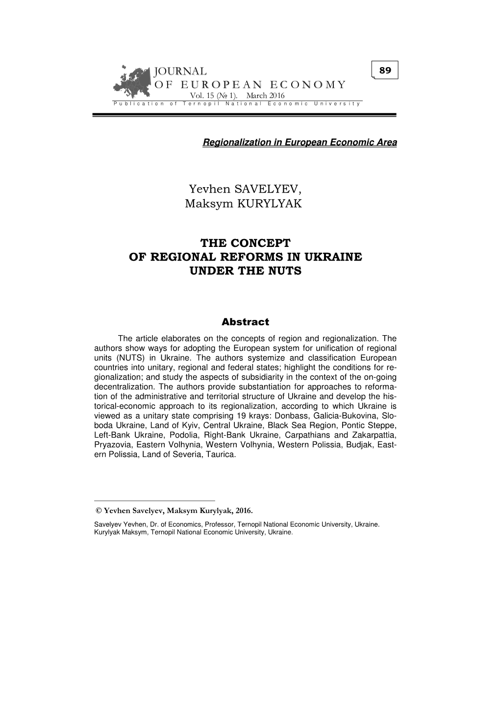 Yevhen Savelyev, Maksym Kurylyak the Concept of Regional Reforms in Ukraine Under the NUTS