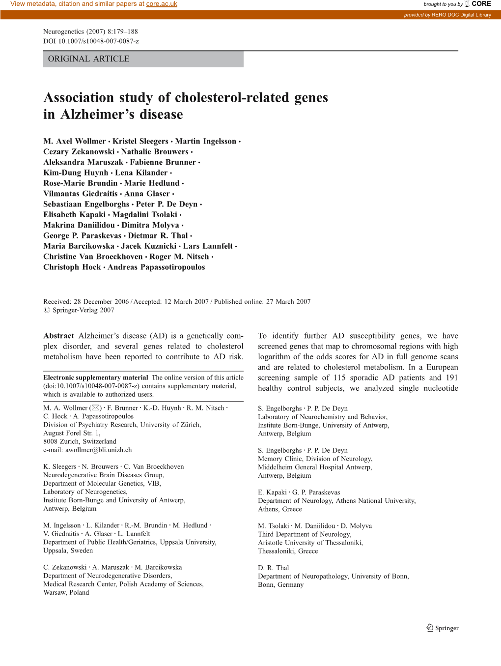 Association Study of Cholesterol-Related Genes in Alzheimer’S Disease