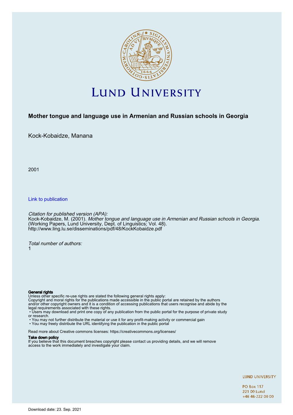 Mother Tongue and Language Use in Armenian and Russian Schools in Georgia