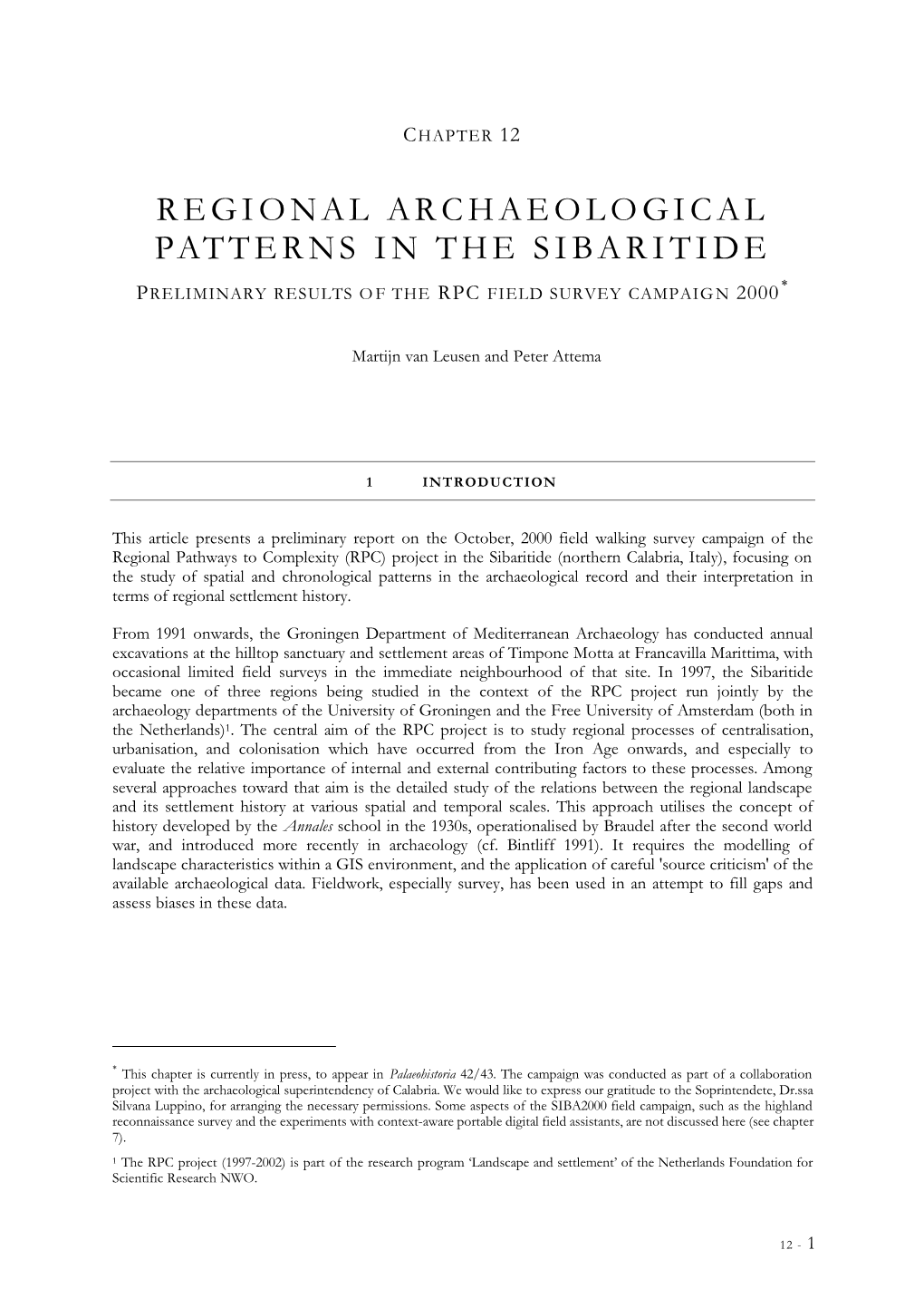 Regional Archaeological Patterns in the Sibaritide