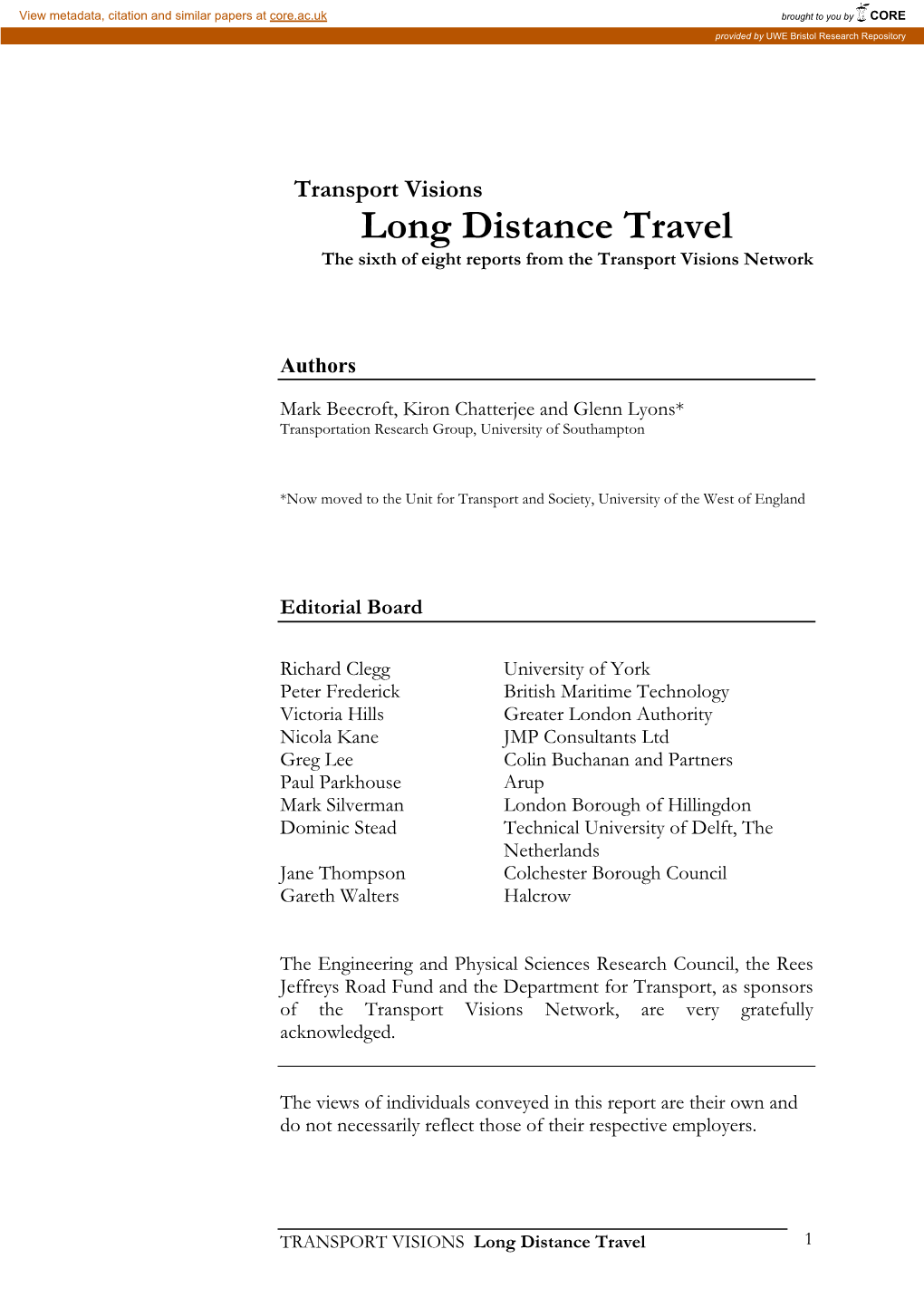 Long Distance Travel the Sixth of Eight Reports from the Transport Visions Network