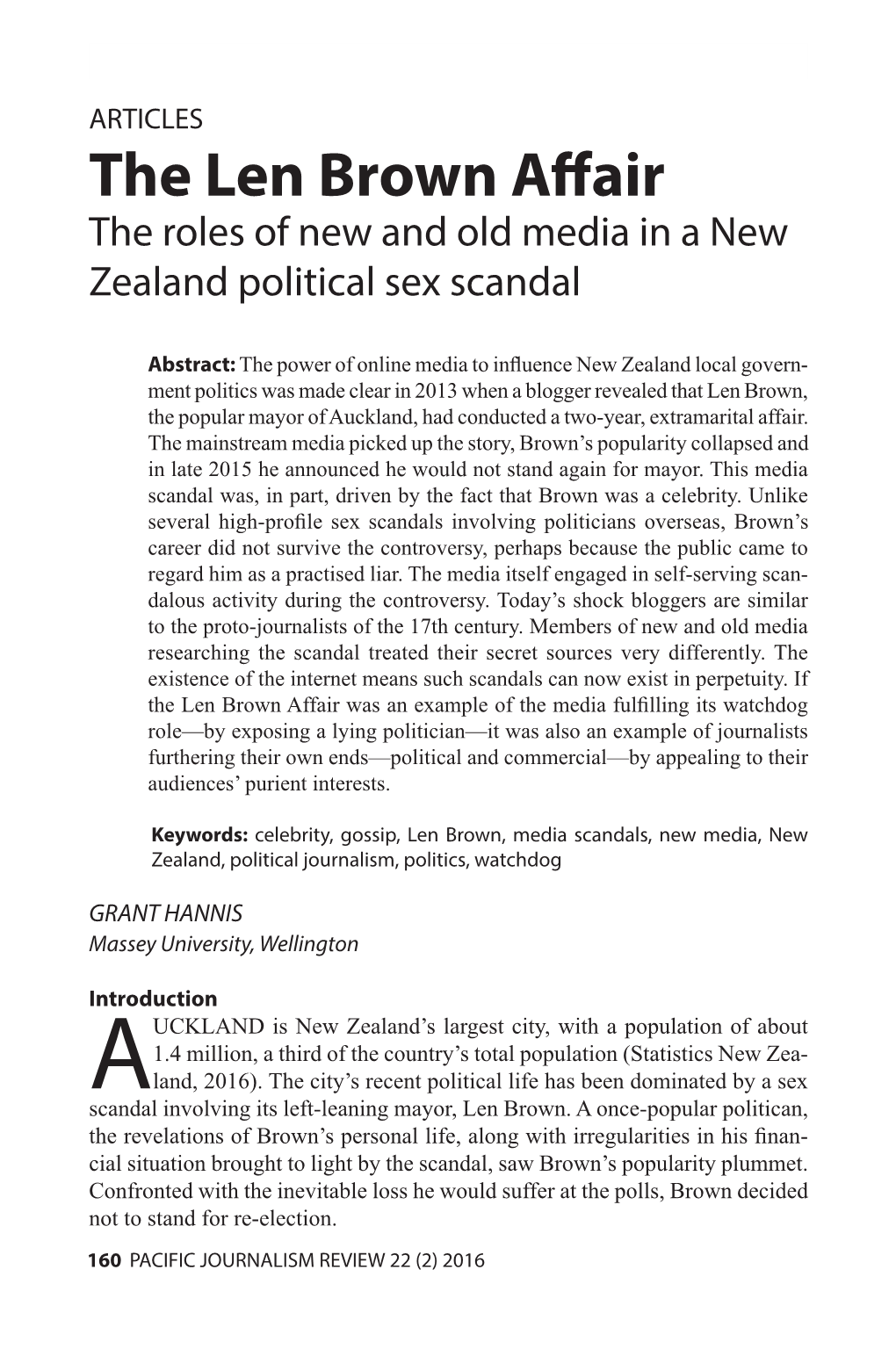The Len Brown Affair the Roles of New and Old Media in a New Zealand Political Sex Scandal