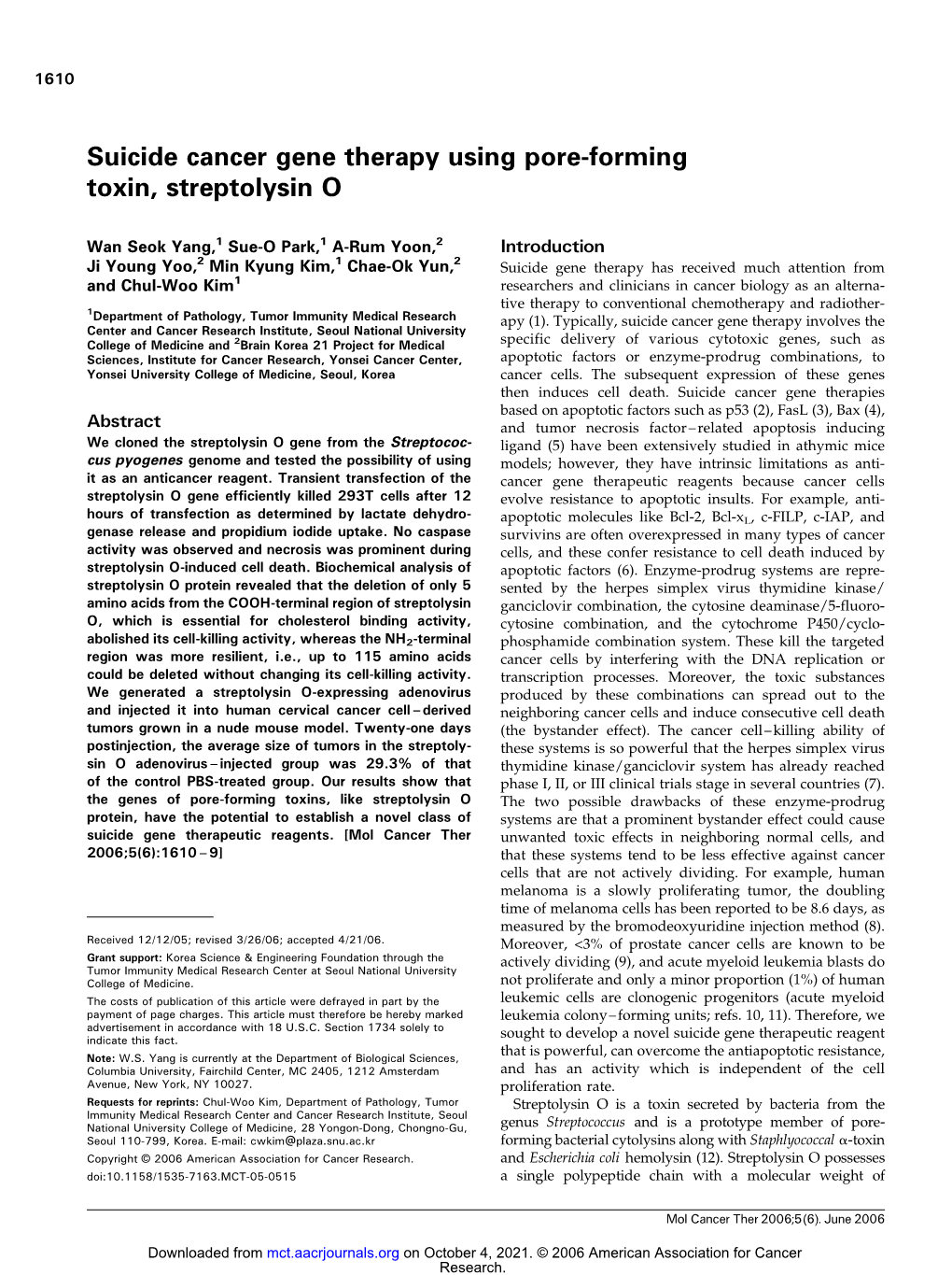 Suicide Cancer Gene Therapy Using Pore-Forming Toxin, Streptolysin O